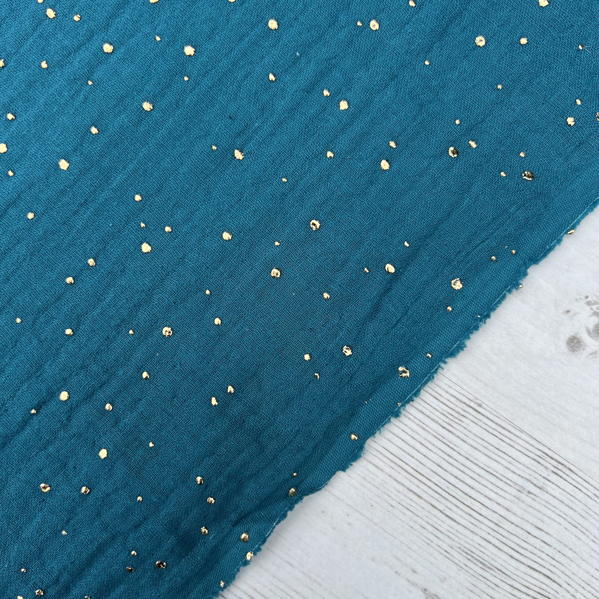 Gold Speckled Double Gauze 100% Cotton Fabric Dress Making Lightweight Muslin Baby Nursery Children Swaddle Blankets Scarves Summer Clothing | 55" - 140 cm Wide (per Half Metre, Teal Blue)