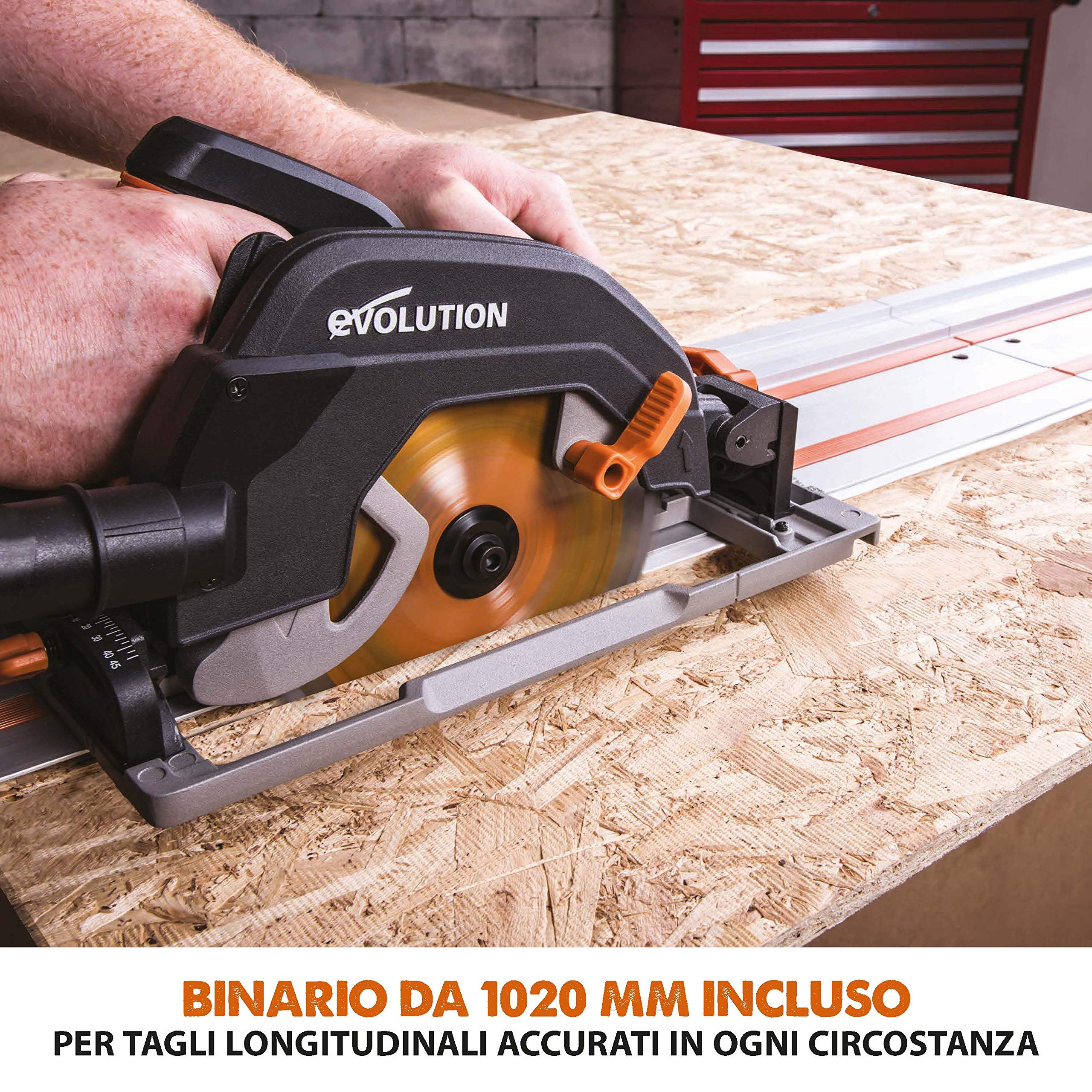 Evolution Power Tools - R185CCSX Sega Circolare Multi-Materiale 185 mm Compatibile con Binario Guida (Pacchetto Abbinato con Binario da 1020 mm Incluso), 230 V