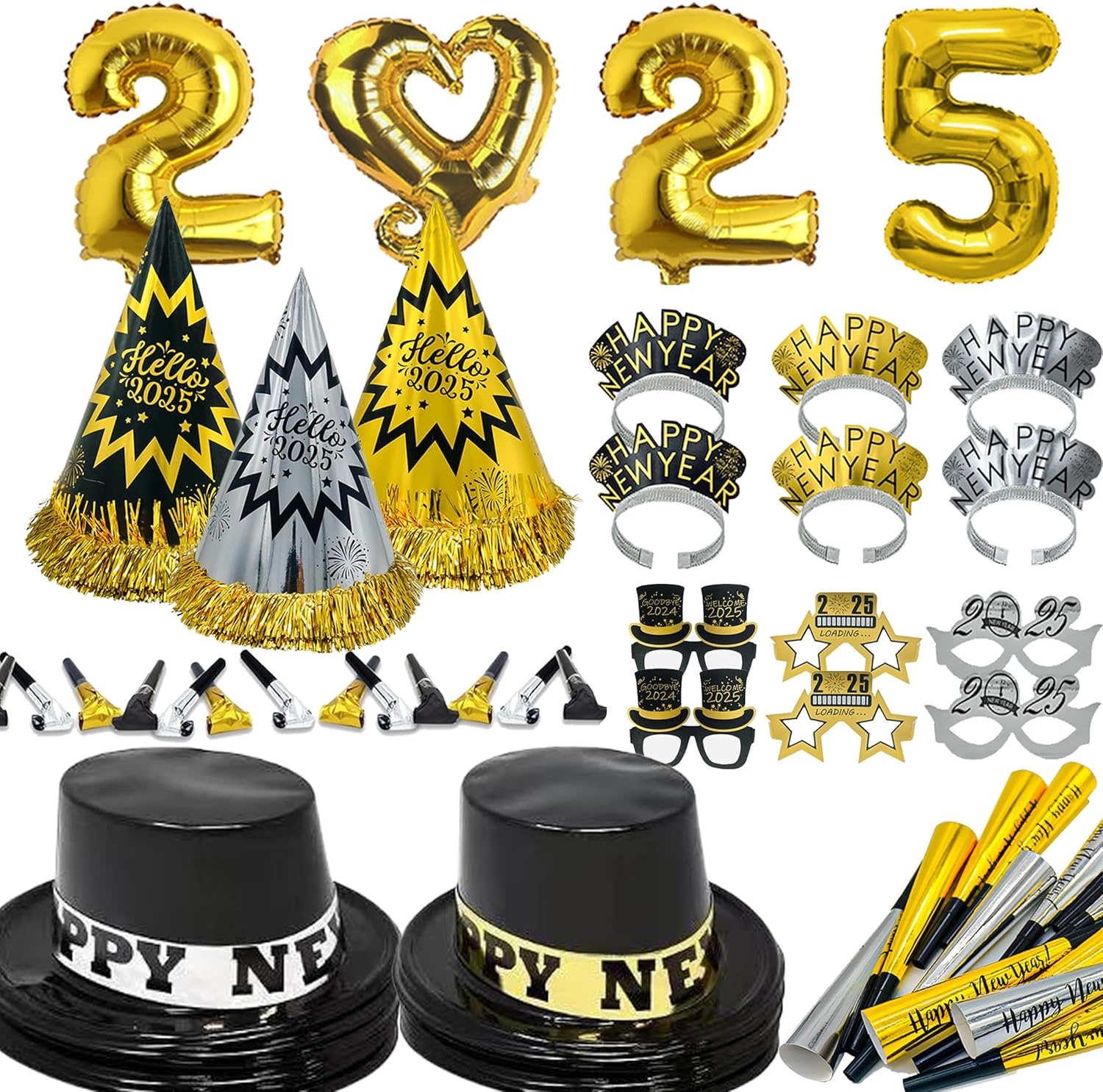 New Years Eve Party Supplies 2025 - New Yeas Decorations 2025 Pack for 24 Guests, Comes with 12 New Years Hats, 6 New Years Tiara, 6 New Years Glasses, 24 Noiese Makers and 2025 Balloons