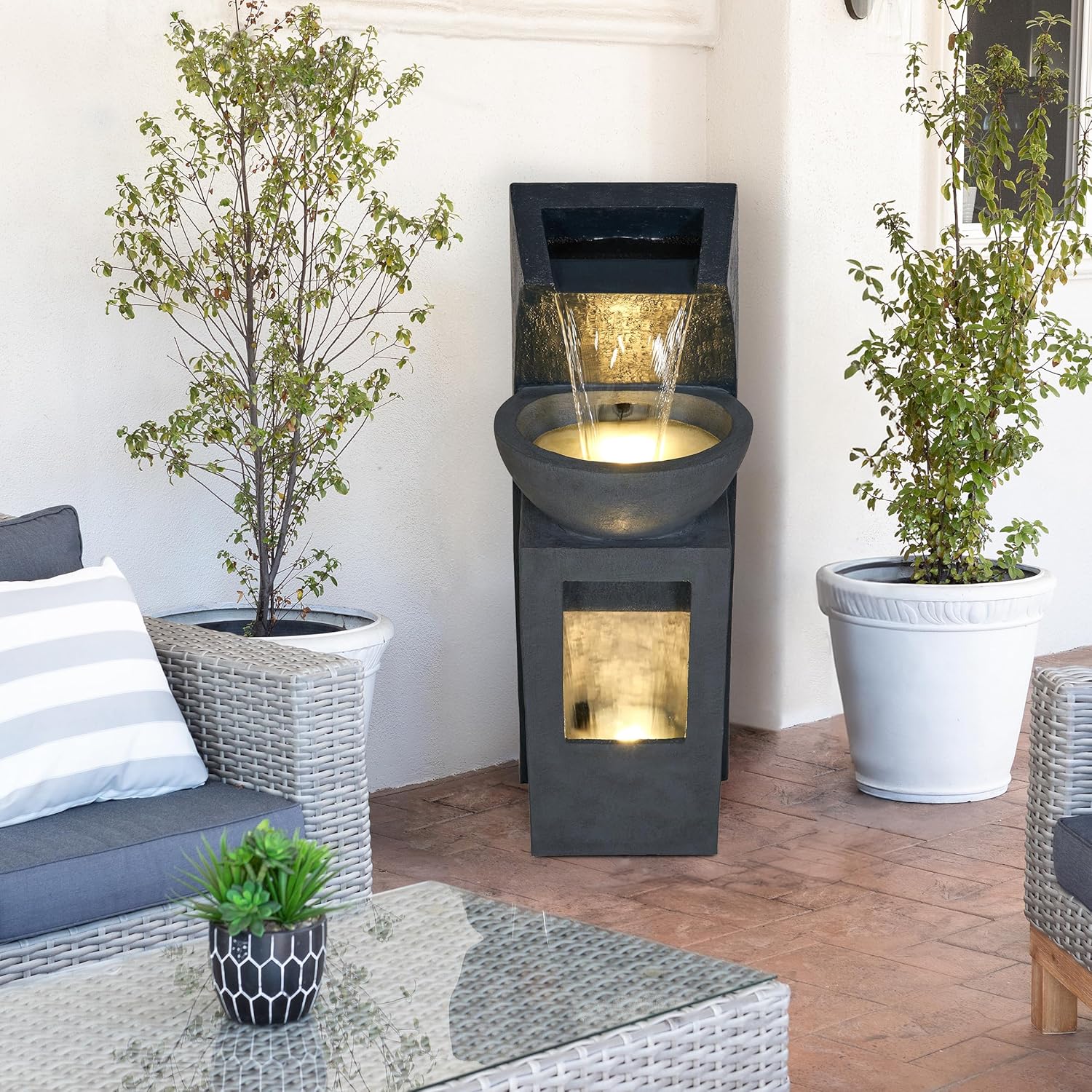 Alpine Corporation 41" Tall Outdoor Basin Waterfall Floor Fountain with LED Lights for Garden, Patio, Lawn and Backyard Decor, Gray