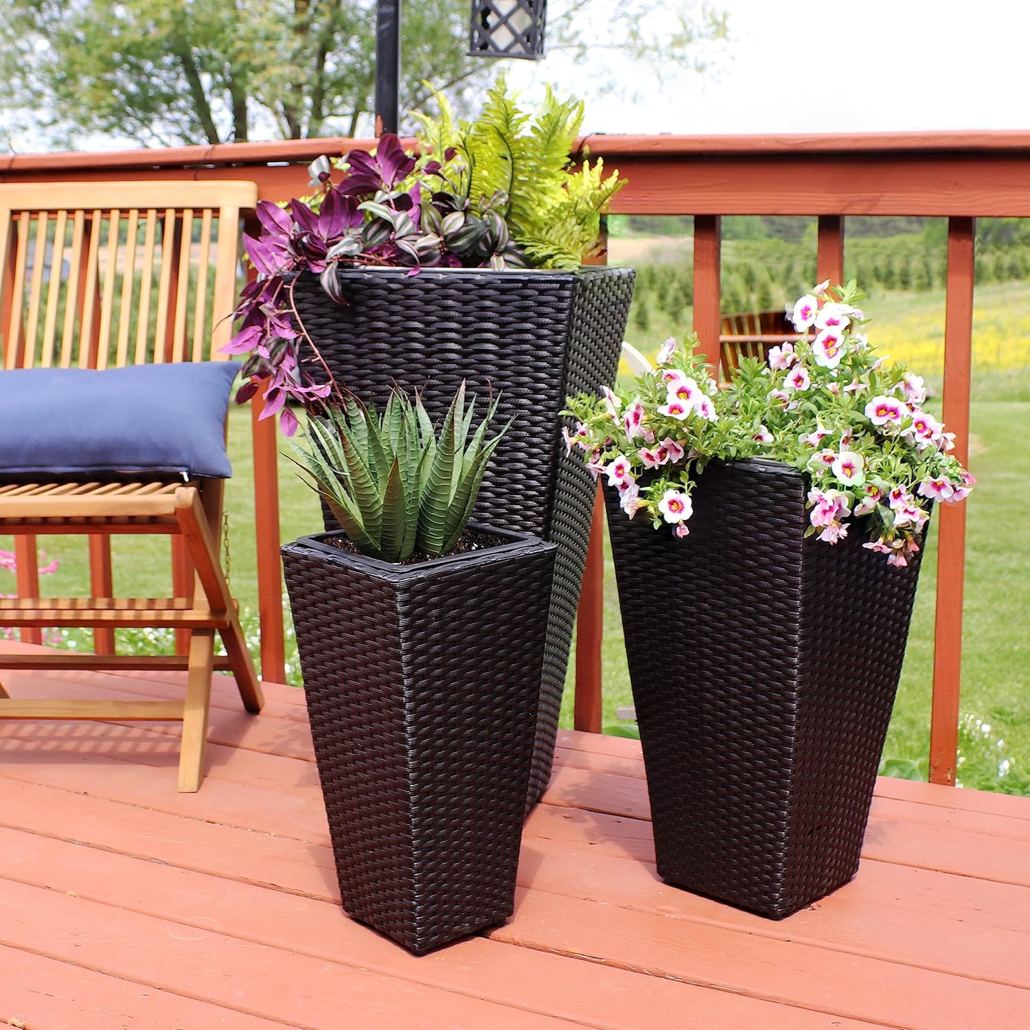 Sunnydaze Square Tall Wicker Outdoor Planter Set of 3 - Polyrattan Large Outdoor Planters for Porch, Patio or Garden - 9", 11.5", 14.75" Tall Plant Pots - Black