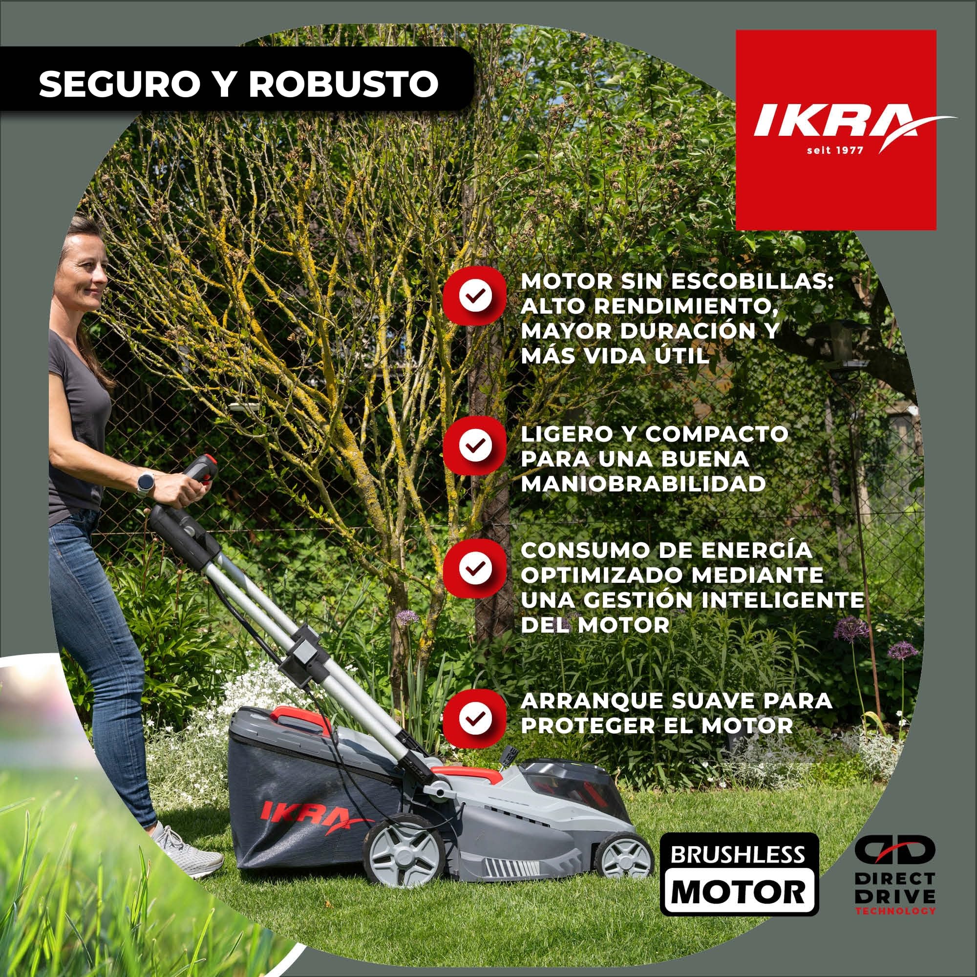 IKRA cortacésped IB-LM 38, 3 en 1, 38 cm, sin batería de 36 V ni Cargador | Compatible con Bosch, recomendado para 400 m², altura de corte de 30-75 mm, cesto recogedor de 42 l, kit de mulching incluido