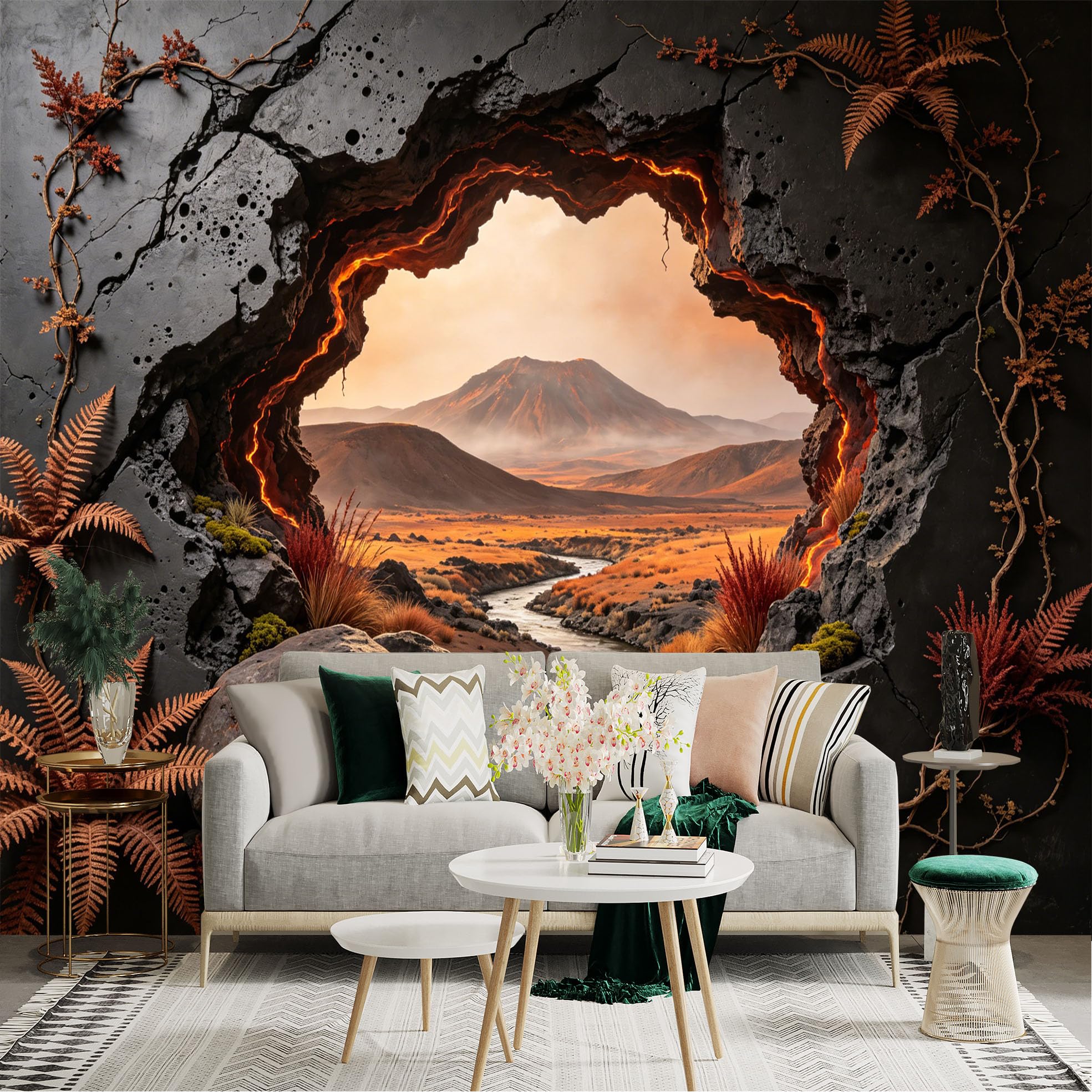 Custom Size Wall Sticker Mural， Volcanic Landscape with Lava Cracks， River and Distant Mountain， for wall Decoration， peelandstick wall Decals.