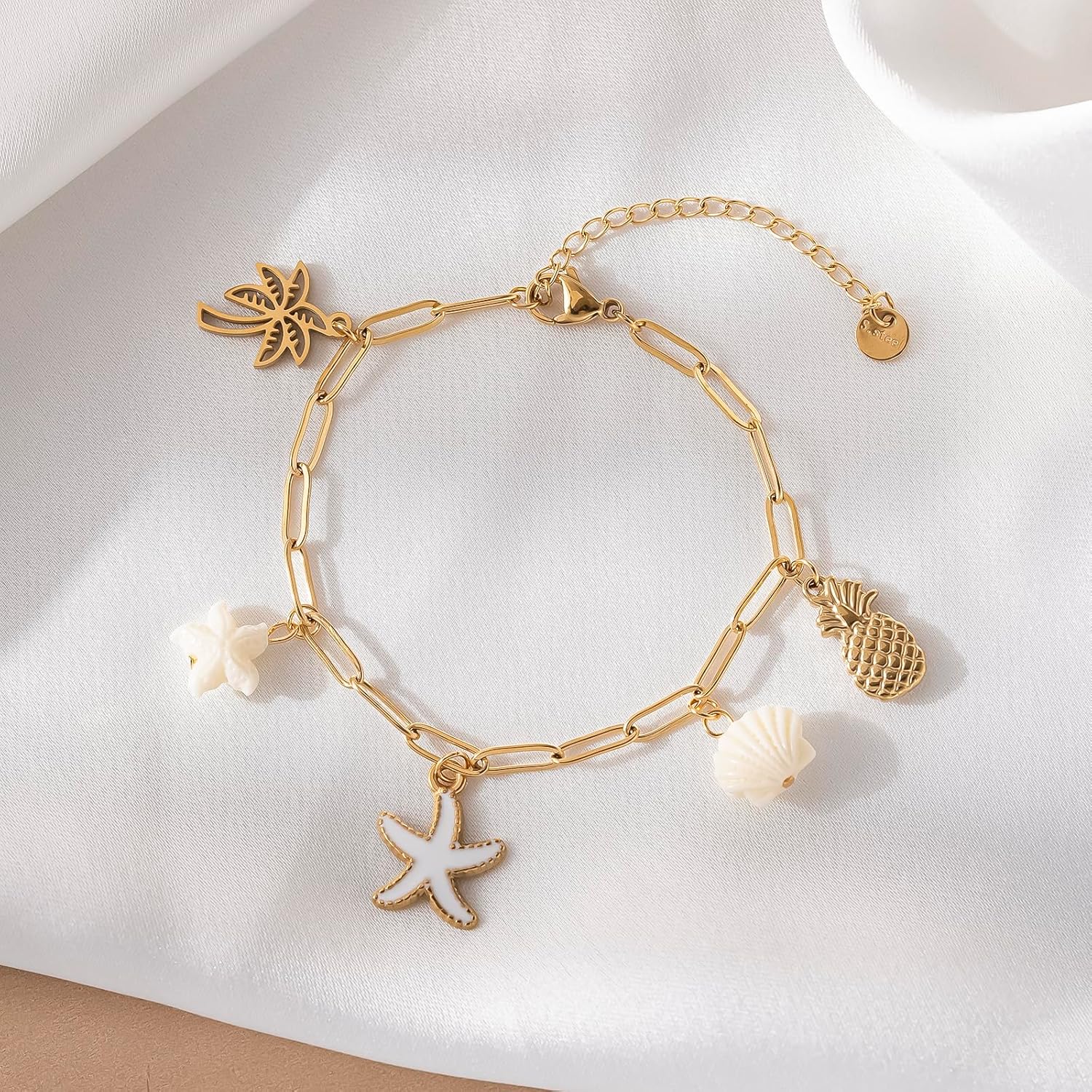 Boho Summer Starfish Sea Shells Coconut Tree Pineapple Pendant Charms Bracelet For Women, Seashore Ocean Holiday Stainless Steel Chain Surfer Jewelry Bracelet Adjustable - Image 3