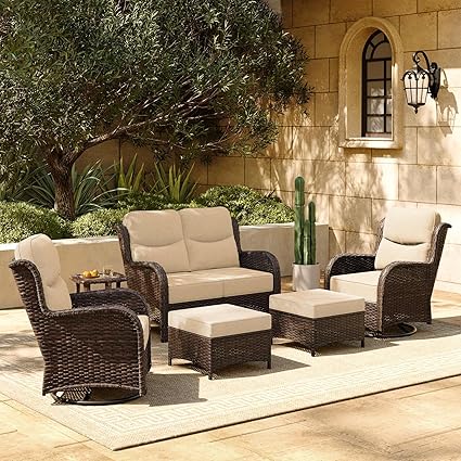 HILLGA Luxury Patio Furniture Set with 6-inch Thick Cushion, Outdoor Loveseat and High Back Swivel Rocker Patio Chairs, 6PCS Wicker Conversation Set for Deck Yard and Poolside, Beige (V2)