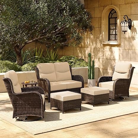 HILLGA Luxury Patio Furniture Set with 6-inch Thick Cushion, Outdoor Loveseat and High Back Swivel Rocker Patio Chairs, 6PCS Wicker Conversation Set for Deck Yard and Poolside, Beige (V2)