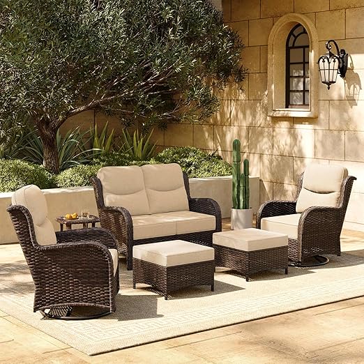 HILLGA Luxury Patio Furniture Set with 6-inch Thick Cushion, Outdoor Loveseat and High Back Swivel Rocker Patio Chairs, 6PCS Wicker Conversation Set for Deck Yard and Poolside, Beige (V2)