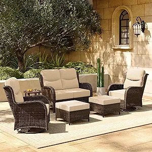 HILLGA Luxury Patio Furniture Set with 6-inch Thick Cushion, Outdoor Loveseat and High Back Swivel Rocker Patio Chairs, 6PCS Wicker Conversation Set for Deck Yard and Poolside, Beige (V2)