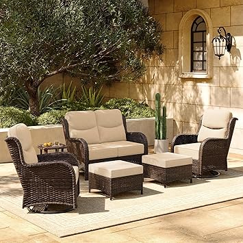 HILLGA Luxury Patio Furniture Set with 6-inch Thick Cushion, Outdoor Loveseat and High Back Swivel Rocker Patio Chairs, 6PCS Wicker Conversation Set for Deck Yard and Poolside, Beige (V2)