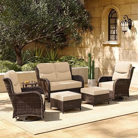 HILLGA Luxury Patio Furniture Set with 6-inch Thick Cushion, Outdoor Loveseat and High Back Swivel Rocker Patio Chairs, 6PCS Wicker Conversation Set for Deck Yard and Poolside, Beige (V2)