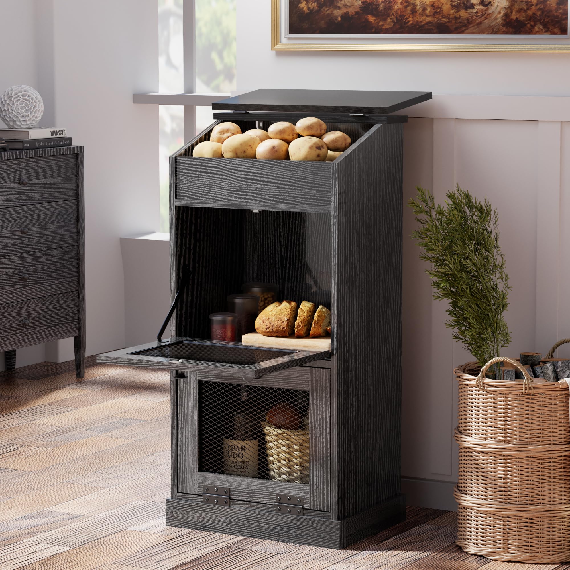 ONG Storage Wood Bin, Wooden Bread Storage Bins, Decorative Potato and Onion Storage Bin, Potato Bin with Grocery Section, Wooden Vegetable Storage Box with Lid,Black