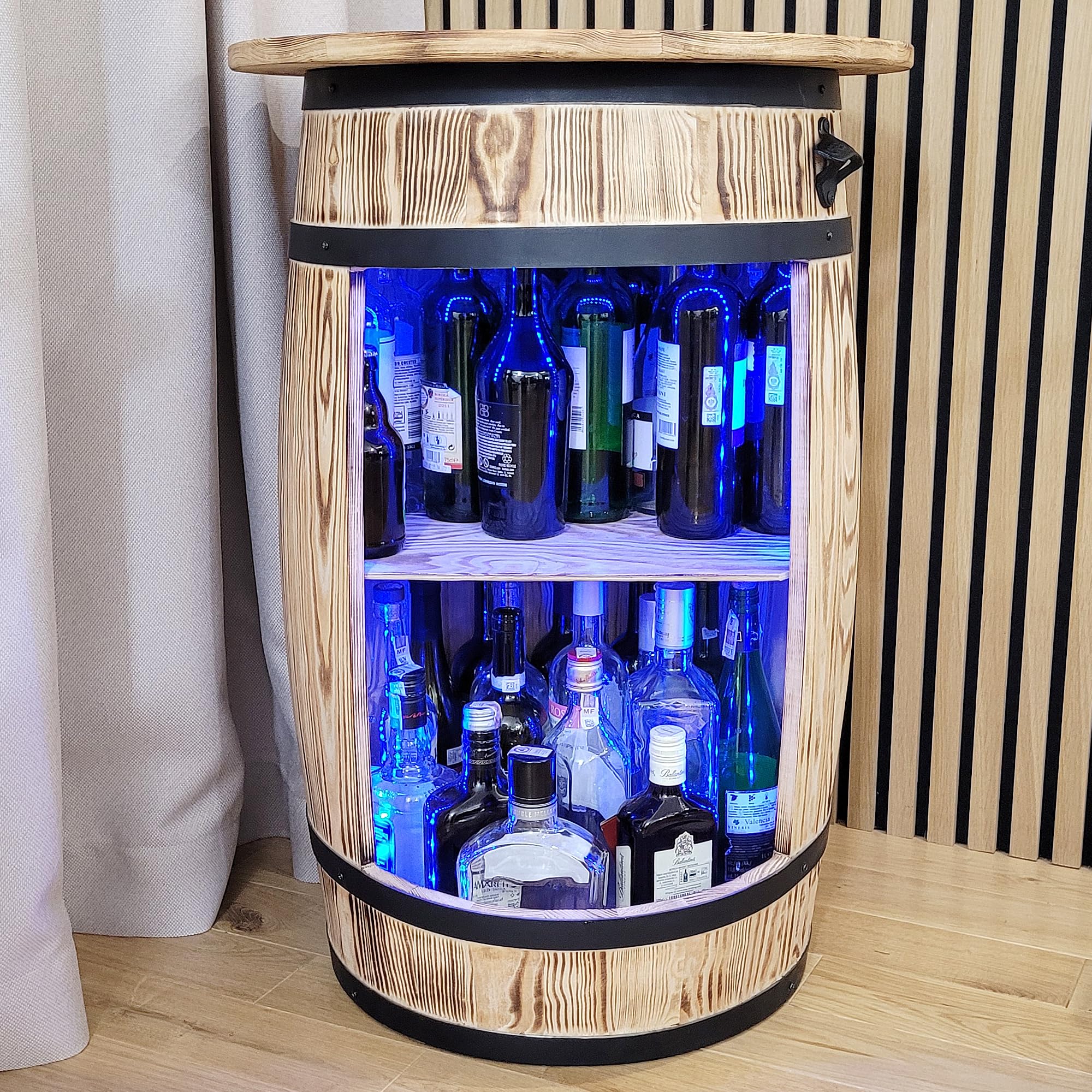 weeco Armadietto da bar con piano da tavolo e luci LED RGB – Tavolo Home Bar – Montabile – Scaffale in legno – Retro decorativo bar – Barile di legno con coperchio – Minibar Gin Whisky birra tavolo 80