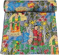 Vista 16 de Marubhumi Colcha de algodón puro Kantha con diseño tradicional indio de Farida (beige, individual (60 x 90 pulgadas)