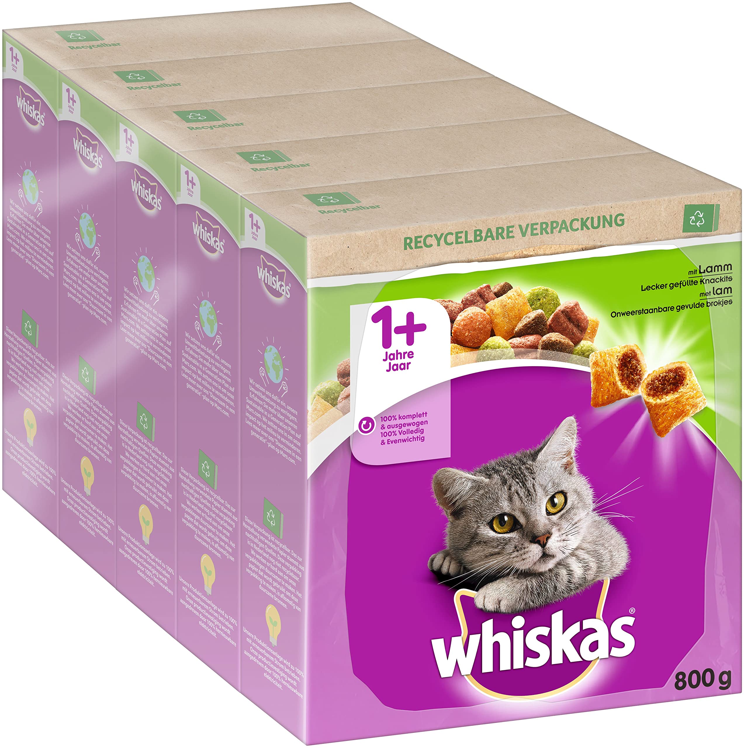 Whiskas Adult 1+ sucha karma jagnięca, 5 x 800 g (5 paczek) - sucha karma dla dorosłych kotów - dostępne różne opakowania produktu