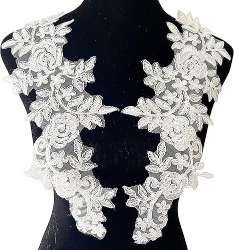 Miniatura 7 de PEPPERLONELY 1 par de flores de encaje para vestido de novia, parche bordado para coser en apliques de encaje, 13.75 x 5.5 pulgadas, color negro