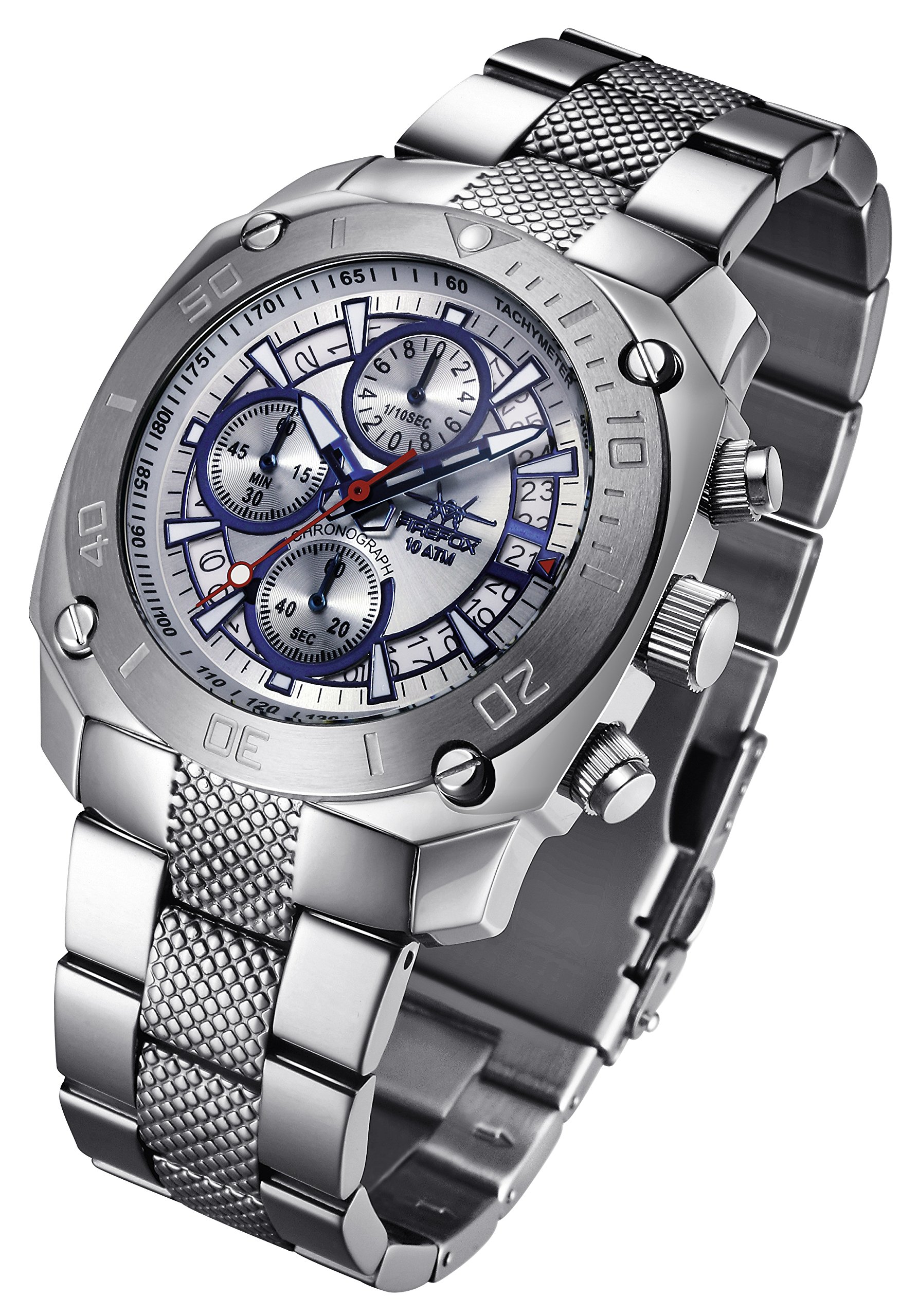 FIREFOX Transporter FFS19-104 Silber Herrenuhr Armbanduhr Chronograph massiv Edelstahl Sicherheits- Faltschließe 10 ATM wasserdicht