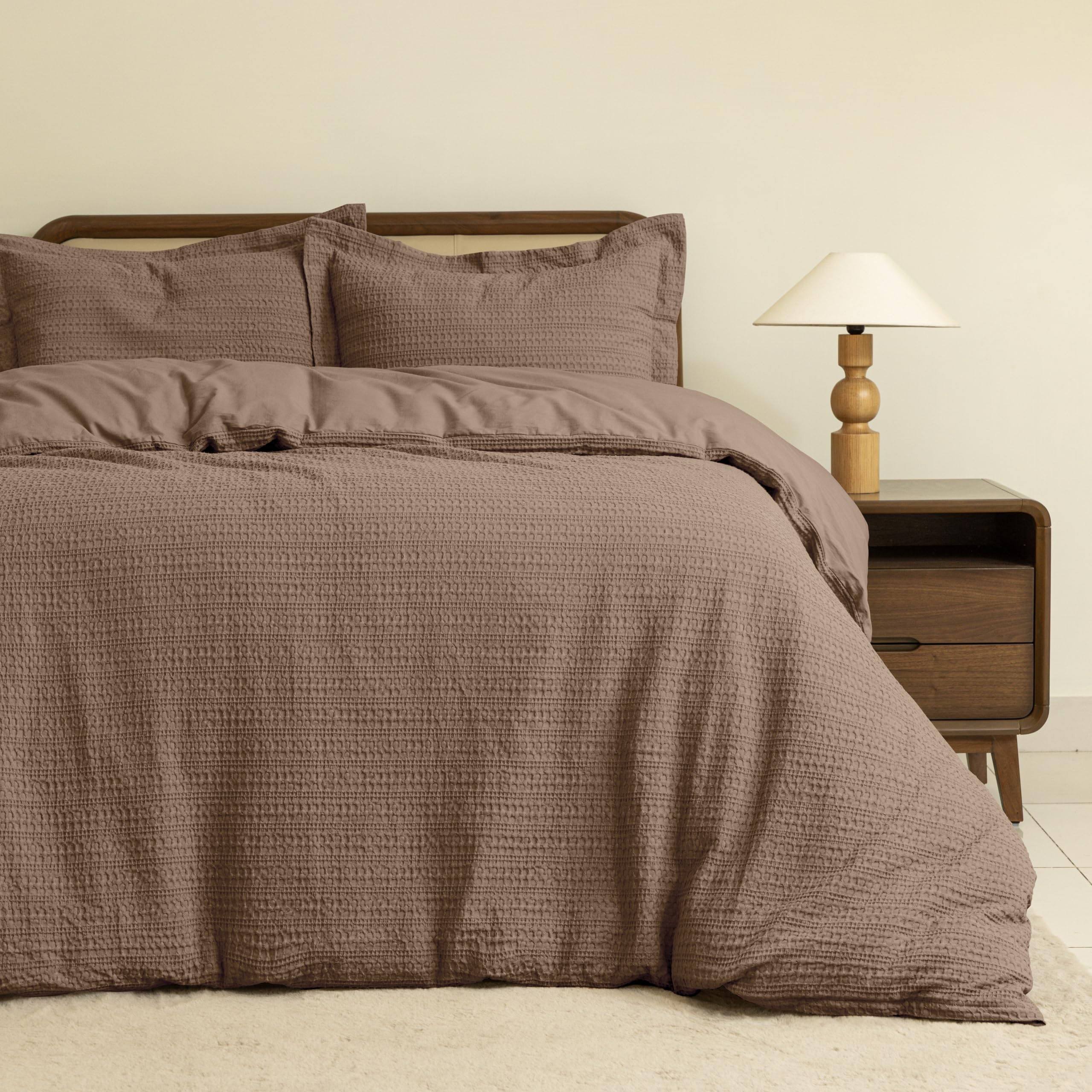 Dreamology Waffle Weave Duvet Cover Queen, Queen Bedding Set,100% Cotton Waffle Duvet Covers with Zipper Closure, Soft Textured & Breathable,Duvet Cover Queen 3 Pieces (Brown)