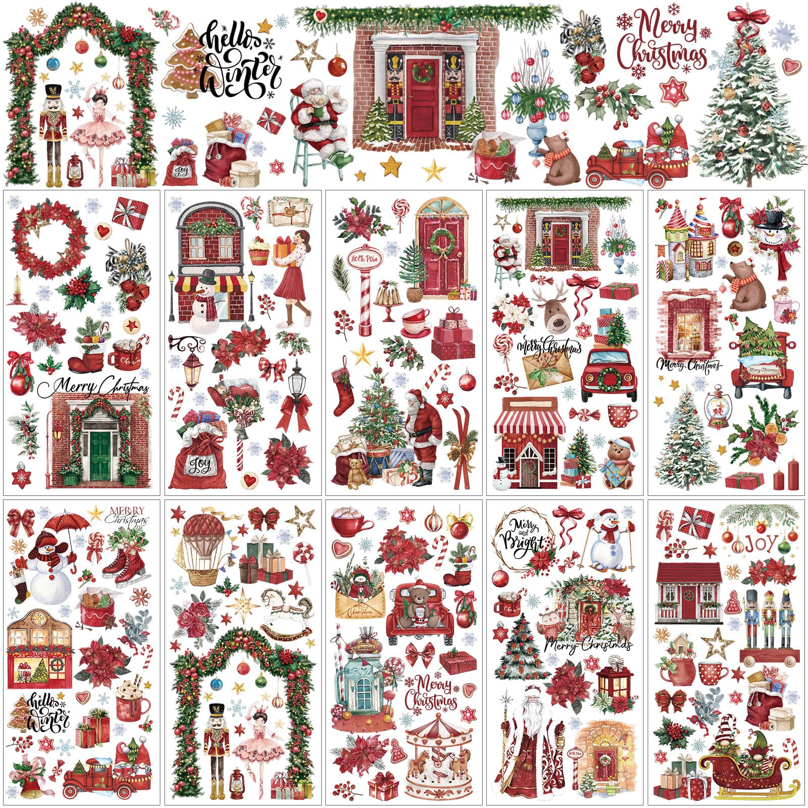 Lincia 10 Sheets Winter Rub on Transfers for Crafts and Furniture Winter Rub on Transfers Stickers Snowman Vintage Reindeer Gnome Decals for DIY Craft