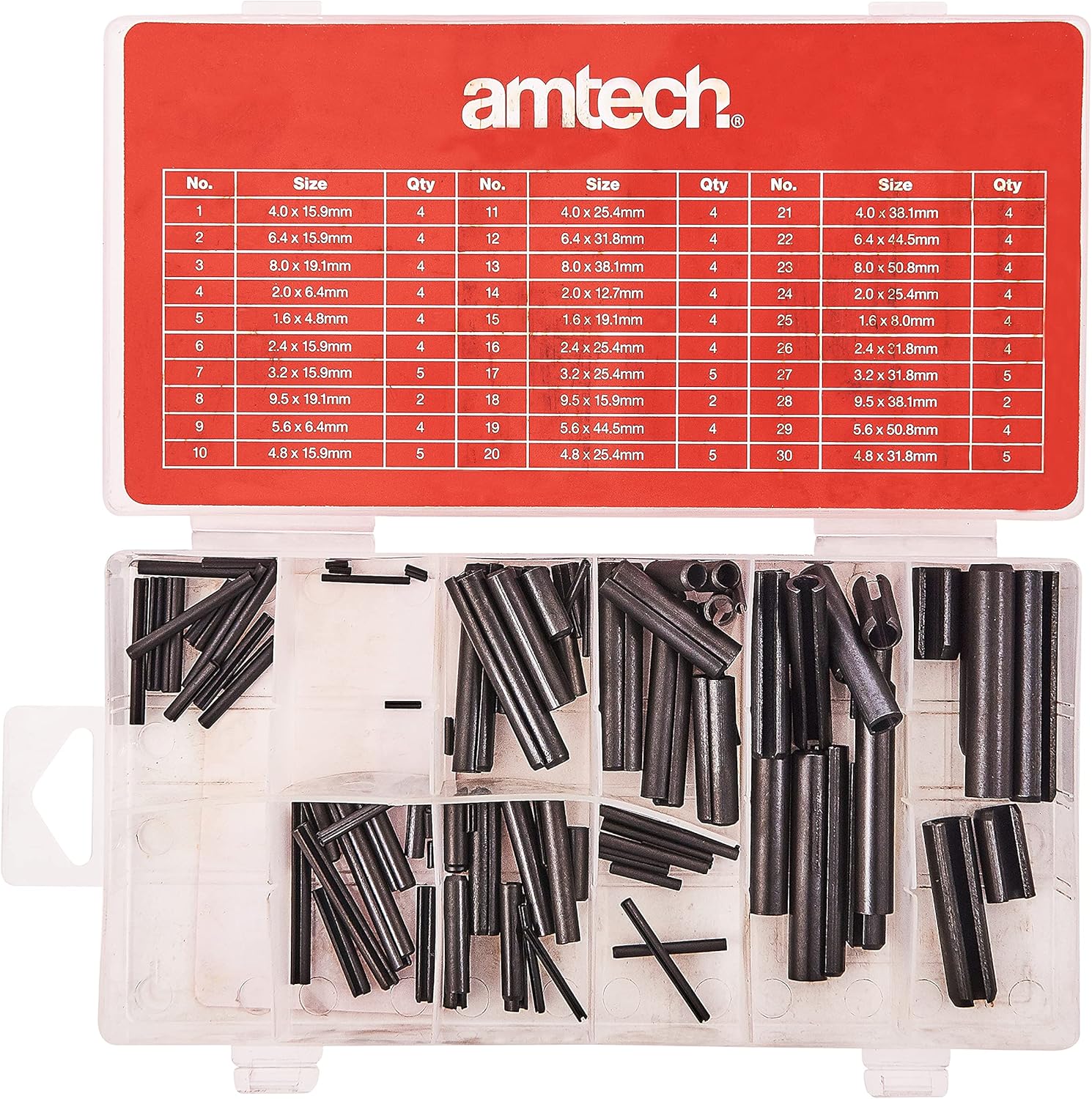 Amtech 120 Piece Assorted Roll Pin Set, Black, Straight, Metal, Hardware Pins