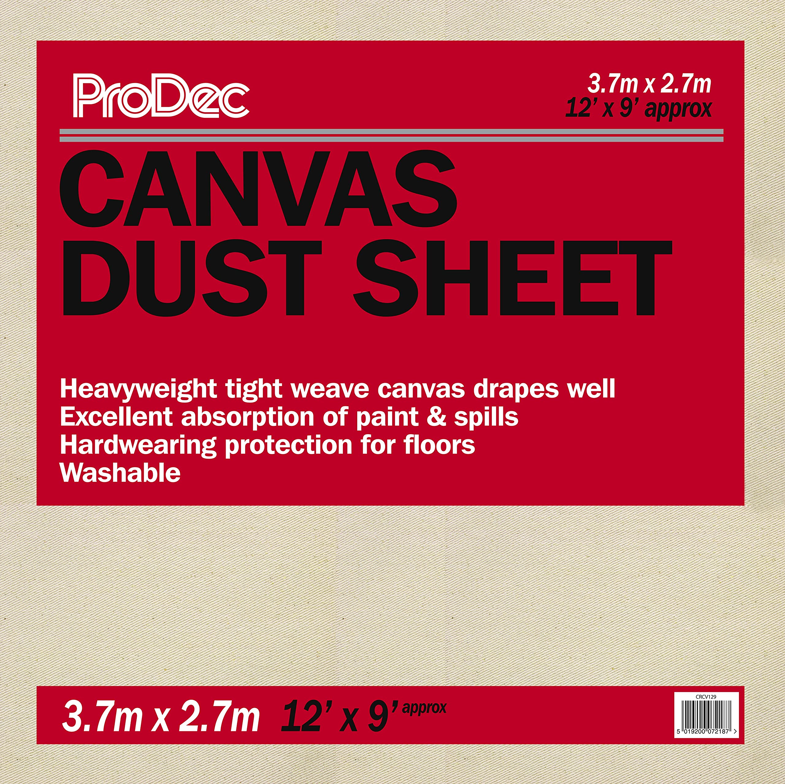 ProDec 12ft x 9ft (3.6m x 2.7m) Cotton Canvas Heavyweight Dust Sheet Drop Cloth For Painting Decorating Covering Floors & Furniture, Absorbs Spills, No Soak Through, DIY & Professional, Reusable