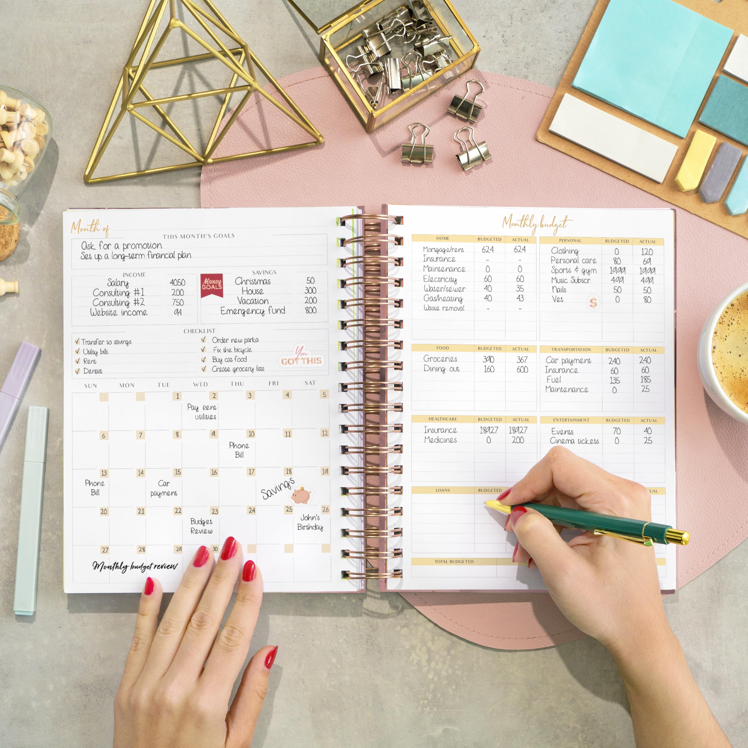 PLANBERRY Grande pianificatore di bilancio e organizzatore mensile per banconote con tasche, libro di budget, tracker finanze e spese, 20,3 x 23,4 cm (oro rosa)