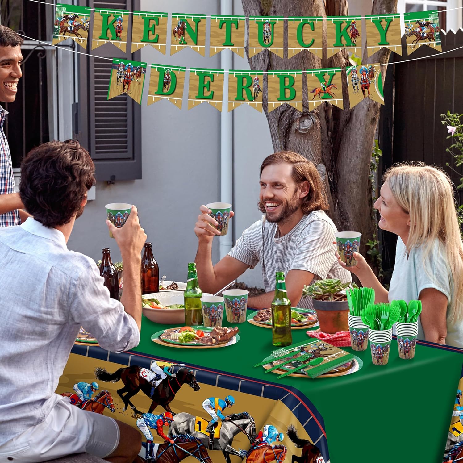 Kochorie 196 Pieces Horse Racing Tableware Set Include Disposable Plates Cups Napkins Banner Plastic Tablecloth Cutlery for Horse Racing Party Supplies, Serve 24 Guests