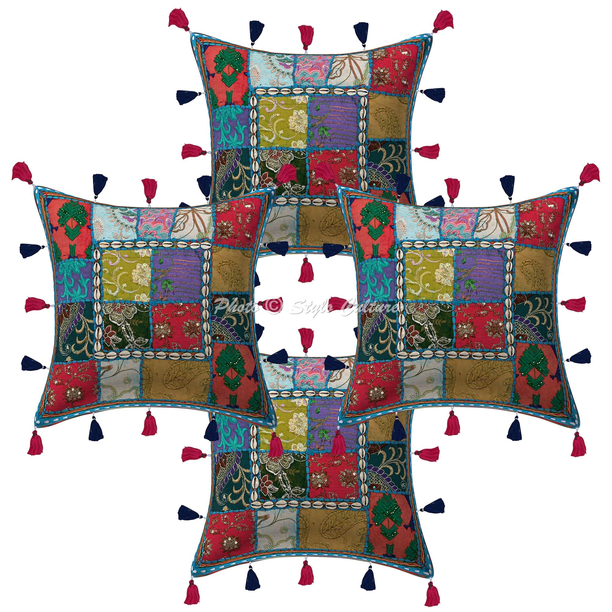 Ethnisch Dekorativ Baumwolle Couch Kissenbezüge 40x40 cm Türkis Dekokissen Gesticktes Patchwork Schlafzimmer Sofa Kissen Bezüge Blumen Quadrat Umschlagverschluss Kissenhullen - 4 STK.