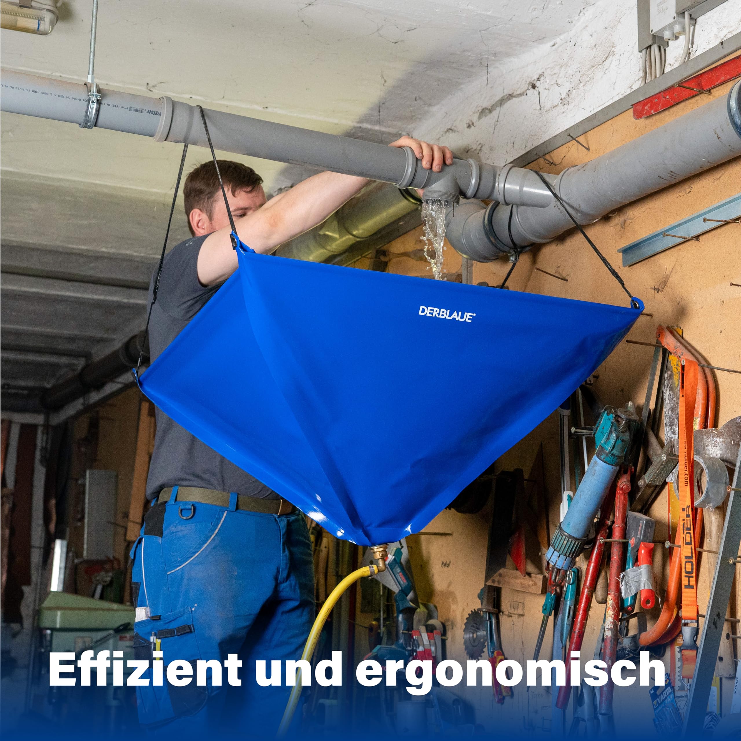 DERBLAUE® Trichter 80 x 80 cm, ca. 50 Liter, 3/4 Zoll Anschluss | mit höhenverstellbarem Aufhängesystem, stabil im Einsatz dank Fiberglasstäbe, mit einsetzbarem Filtersieb, geringes Packmaß
