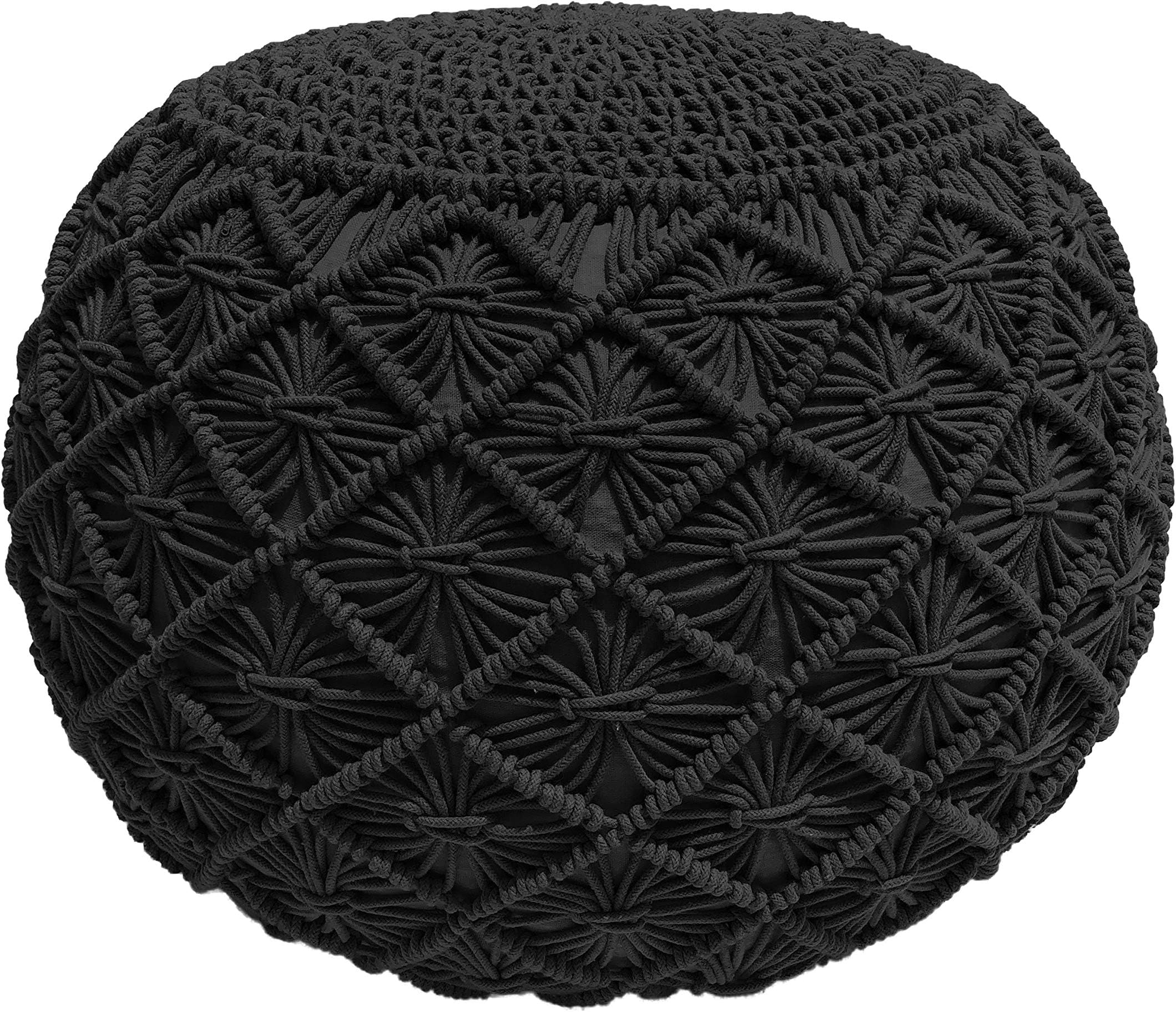 Pouf Ottoman Hand Knitted Cable Style Dori Pouf - Macramé Pouf - Floor Ottoman - 100% Cotton Braid Cord - Handmade & Hand Stitched - Truly one of a Kind Seating - 20 Diameter x 14 Height (Black)