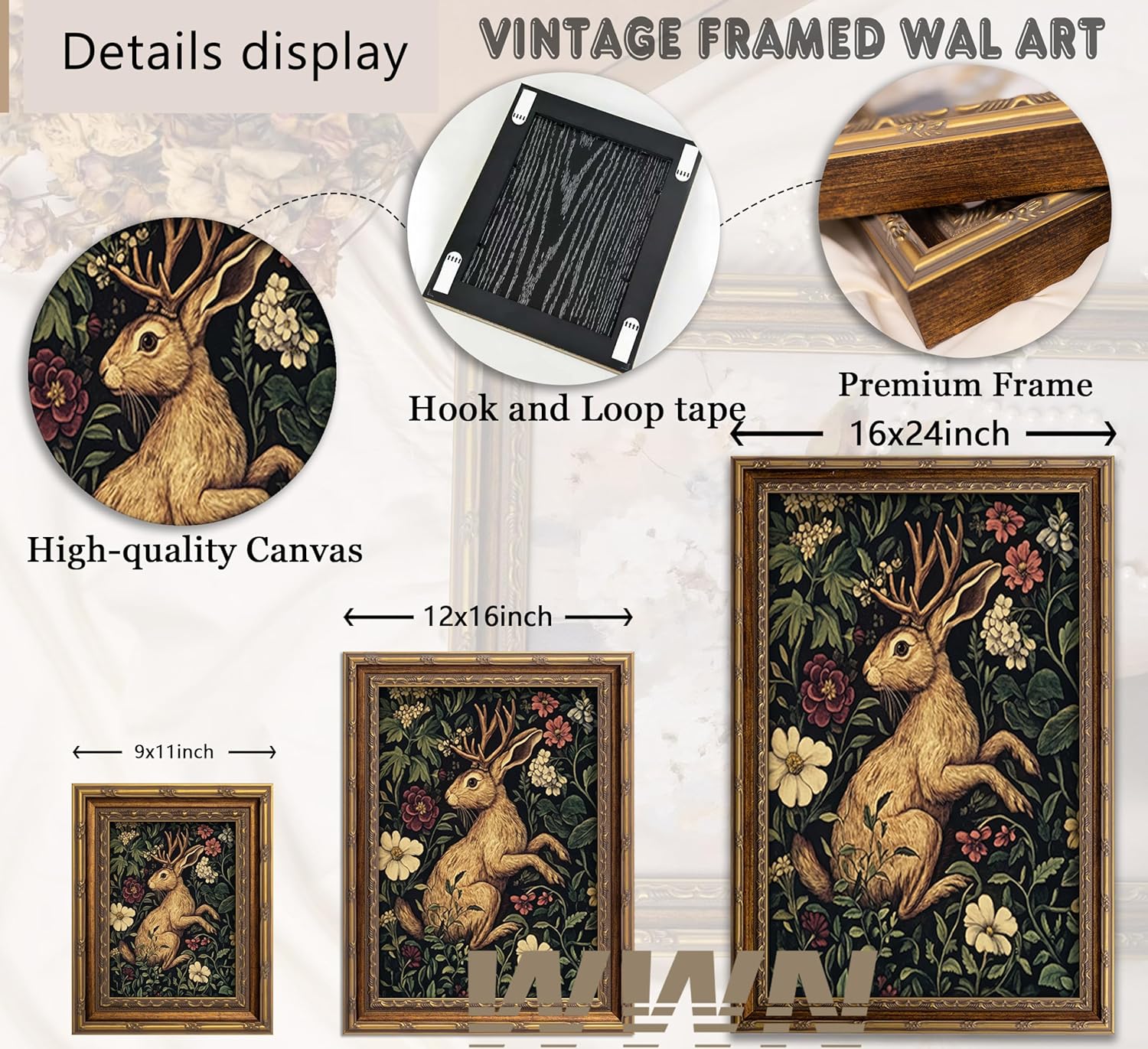 Vintage Gold Framed Bunny Wall Art Dark Botanical Cottagecore Mythical Folklore Art Painting Canvas Prints Dark Academia Floral Poster Gothic Hare Picture Artwork for Bedroom Living Room Home Decor