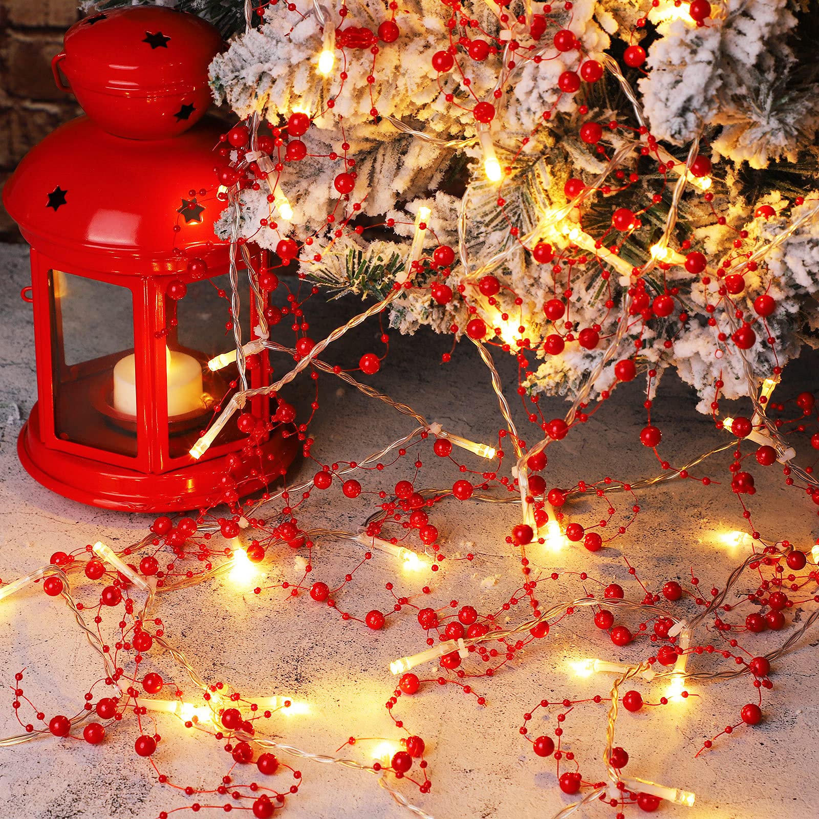 MCEAST Guirnalda de Navidad con cuentas de bayas rojas de 13 pies de Navidad con 40 luces LED iluminadas con cuentas de bayas para Navidad, decoración interior y exterior