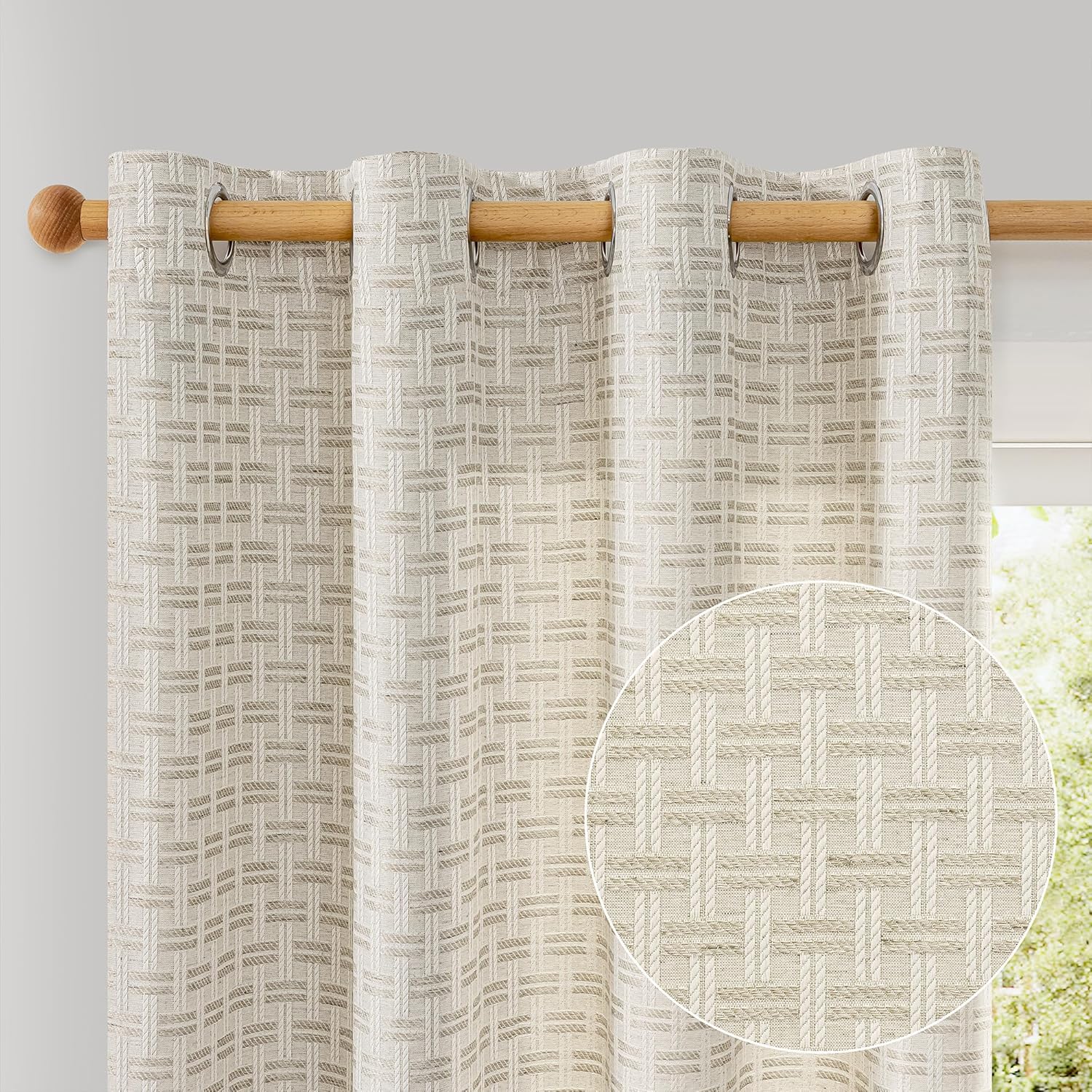 ChrisDowa Semi Sheer Natural Linen Curtains 84 Inches Long 2 Panels for Living Room Dining Room Plaid Patterned Light Filtering Voile Grommet Window Treatments Drapes Privacy Assured,52X84