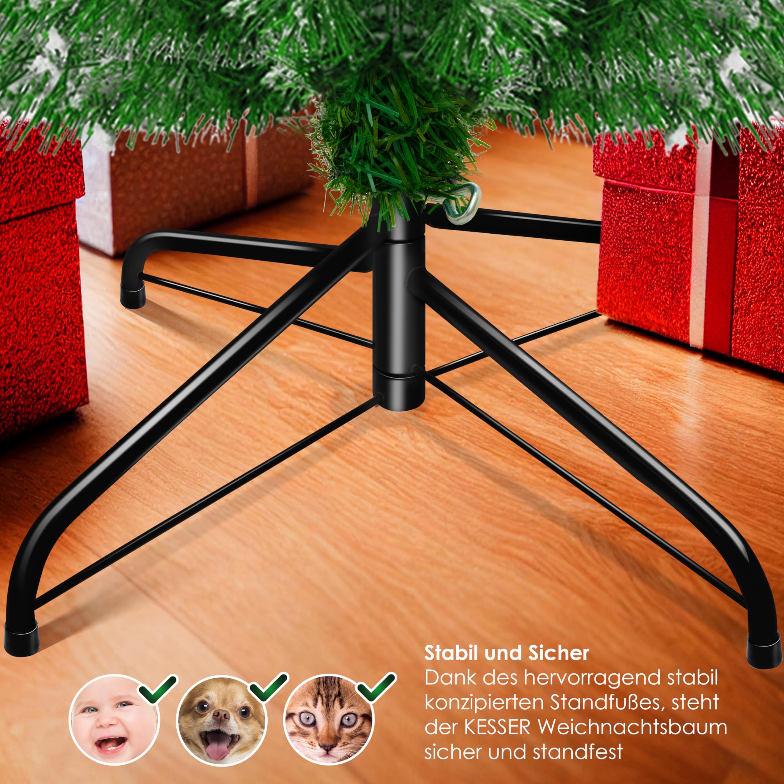 KESSER® Weihnachtsbaum künstlich 140 cm Schneezauber – Tannenzweige wie echt – naturgetreuer Tannenbaum mit Ständer, dichtes Bäumlein, realistischer Pine Tree, Weihnachtsdeko, Christbaum, Dunkelgrün