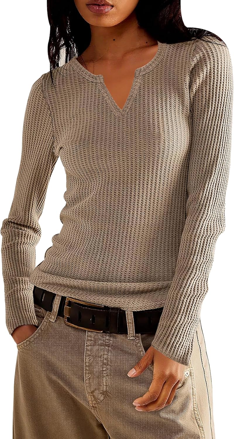 Jar of Love Women's Waffle Knit Tops Long Sleeve Shirts Henley Neck Fitting Warm Tee Tops Sweaters Pullovers