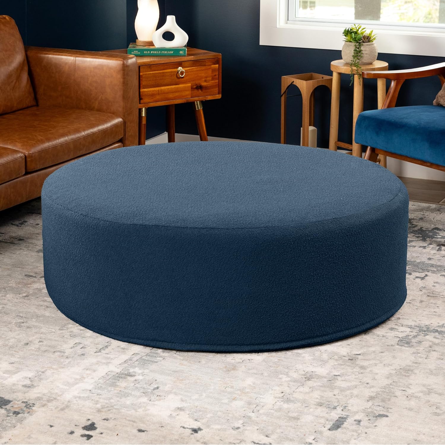 Jaxx Candler Round Couch Ottoman – Oversized Giant Coffee Table Ottoman - Versatile Firm Foam Construction - Kid Safe with Removable Cover, 44”, Luxe Boucle, Boucle Navy