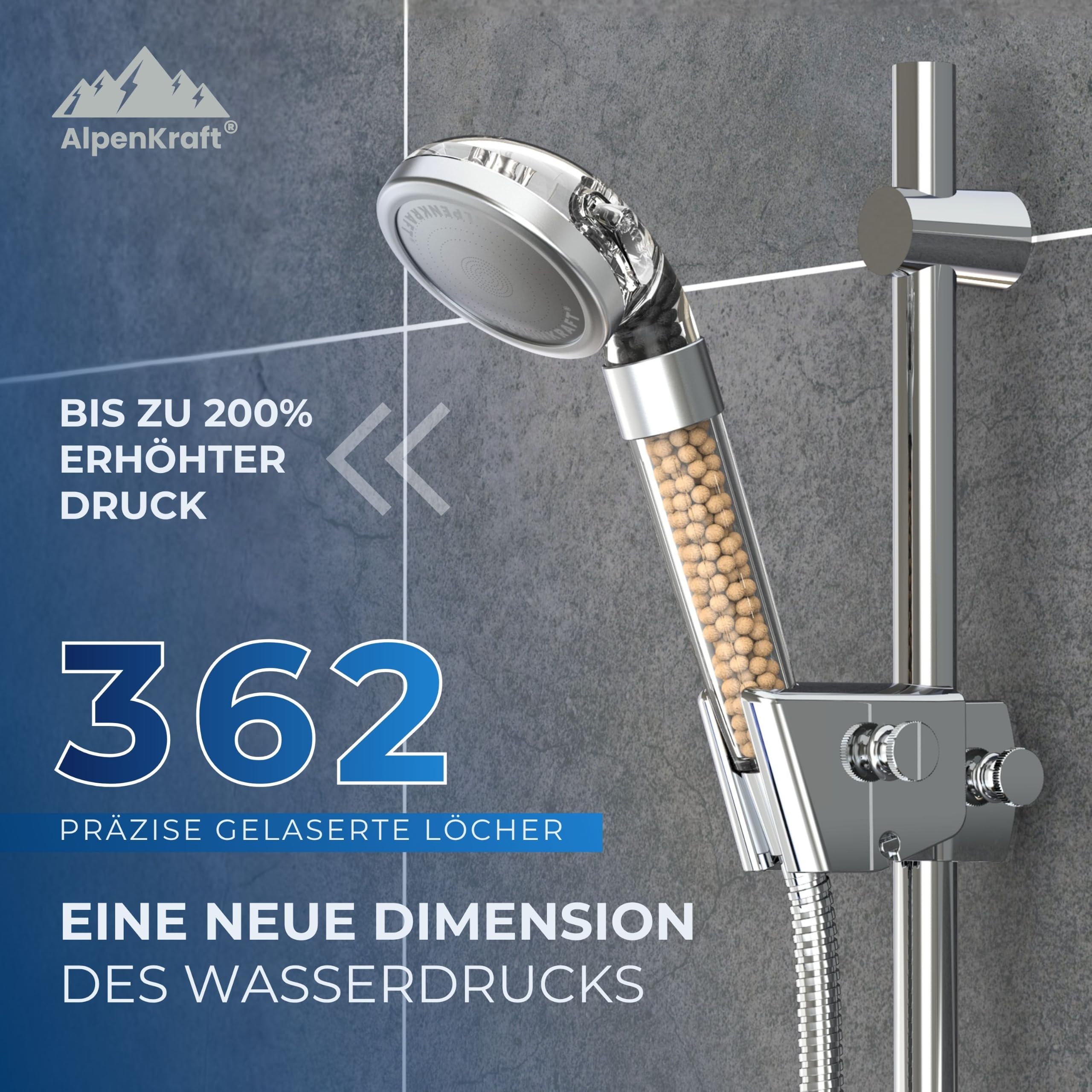 Zugspitze Duschkopf Original Made in Germany - Duschkopf wassersparend und druckerhöhend - Hochdruckduschkopf mit Aktivkohle und Zeolith Filterperlen