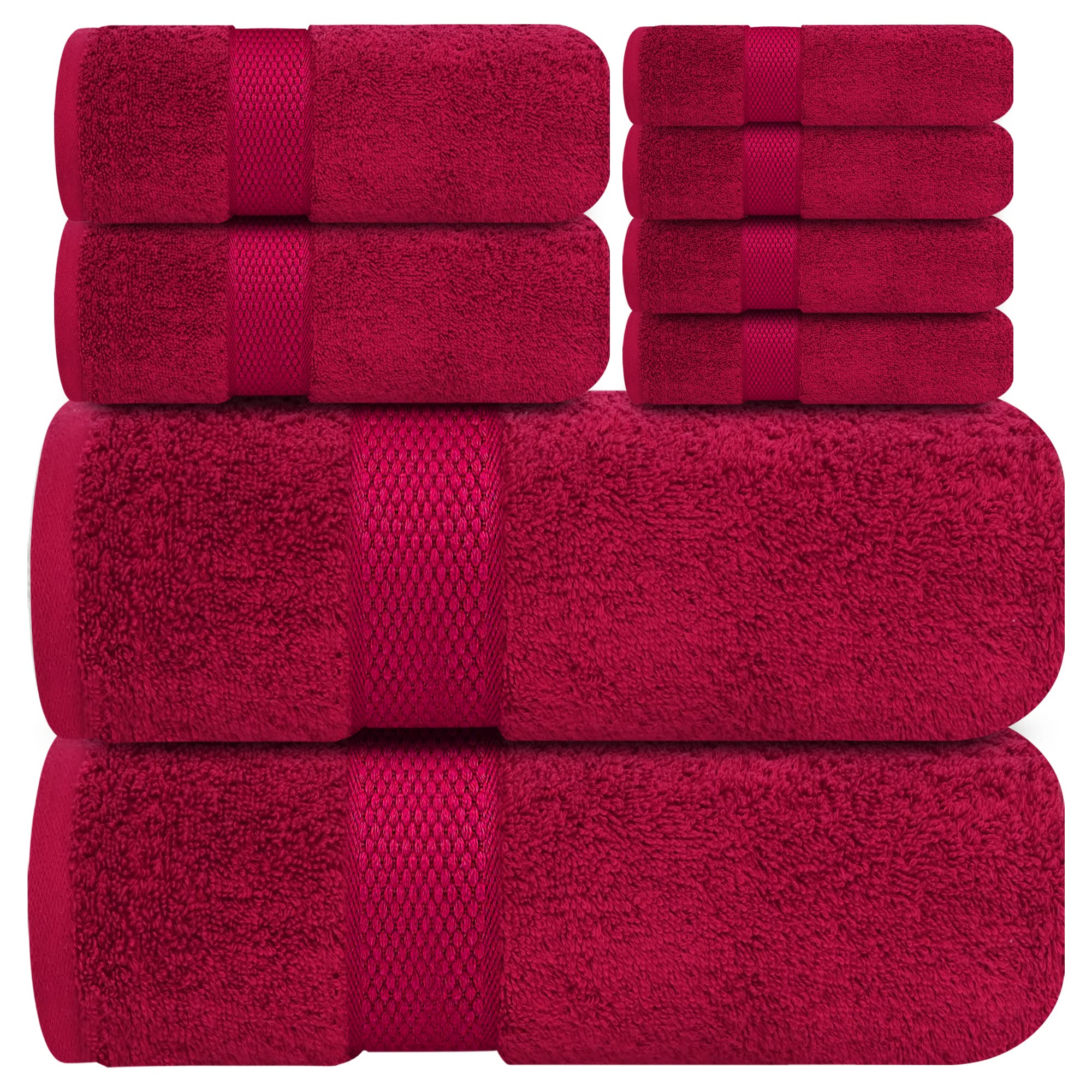 Premium Bath Towels Set - [Pack of 8] 100% Cotton Highly Absorbent 2 Bath Towels, 2 Hand Towels and 4 Washcloths - Hotel & Spa Quality Bath Towels for Bathroom (Burgundy)