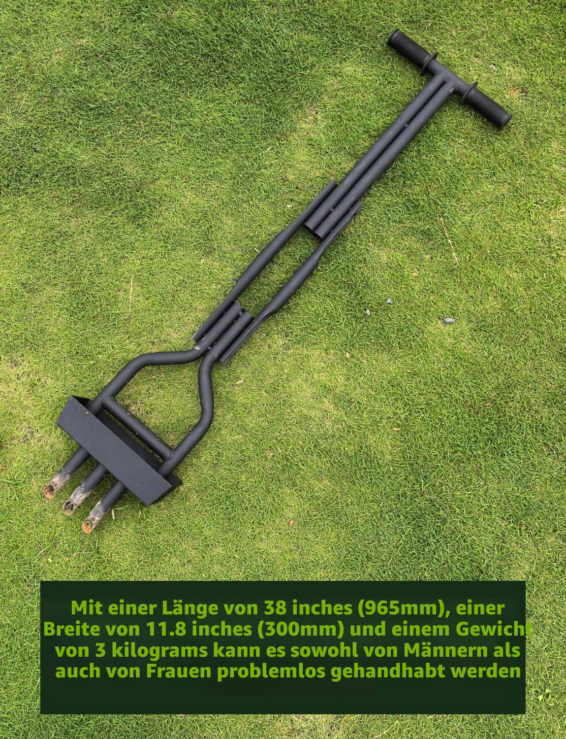 Manueller Rasenbelüfter mit 3 Hohlspoon-Zinken & Auffangrahmen schwarz, 99cm Länge & 21.5cm Breite, Aerifizierer für verdichtete Rasenflächen im Garten