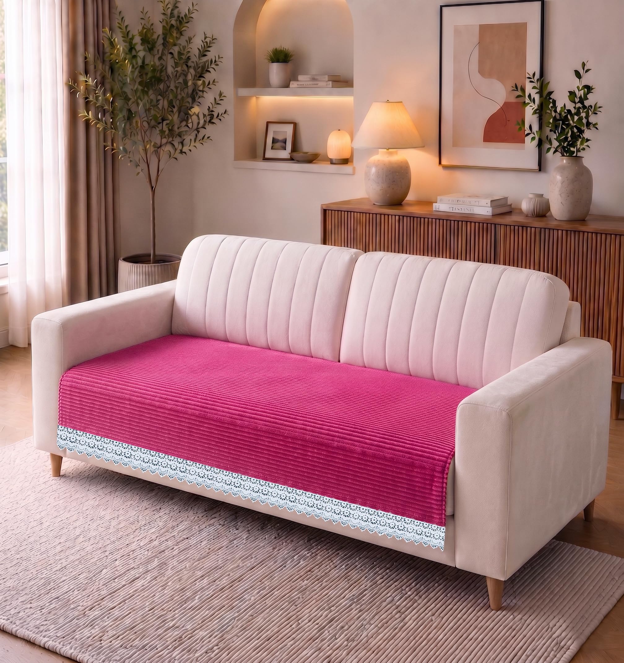RD TREND® Corduroy Lace Sofa Cover 4 Seater | Anti-Skid Sofa Protector Mat 70(D) x 220(W) cm | Washable Sofa Seat Cover for Living Room | Magenta-image-40