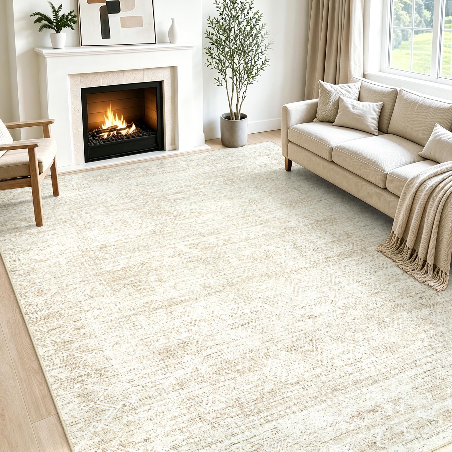 Photo 1 of ***STOCK PHOTO FOR REFERENCE ONLY*** 8x10 Area Rug for Living Room, Washable Moroccan Geometric Rug Soft Non-Slip Rubber Vintage Boho Large Rug, Low Pile Farmhouse Carpet for Bedroom Dining Room Nursery Modern Office (Beige, 8'x10')