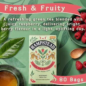 Hampstead Organic Green Tea with Raspberry Bags (4 Packs of 20), Biodynamic Fruity Green Infusion, Plastic-Free & Compostable Individually Wrapped Tea Bags