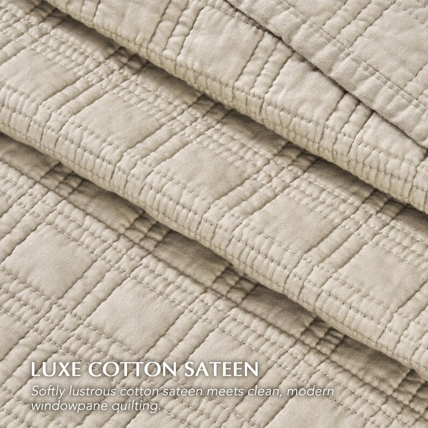 EVERGRACEHOME Windowpane Cotton Sateen Quilt Set King Size, Pre-Washed 100% Cotton Coverlet Bedspread, 3-Piece Soft Lightweight Bedding Set with 2 Shams for All Seasons, Light Taupe