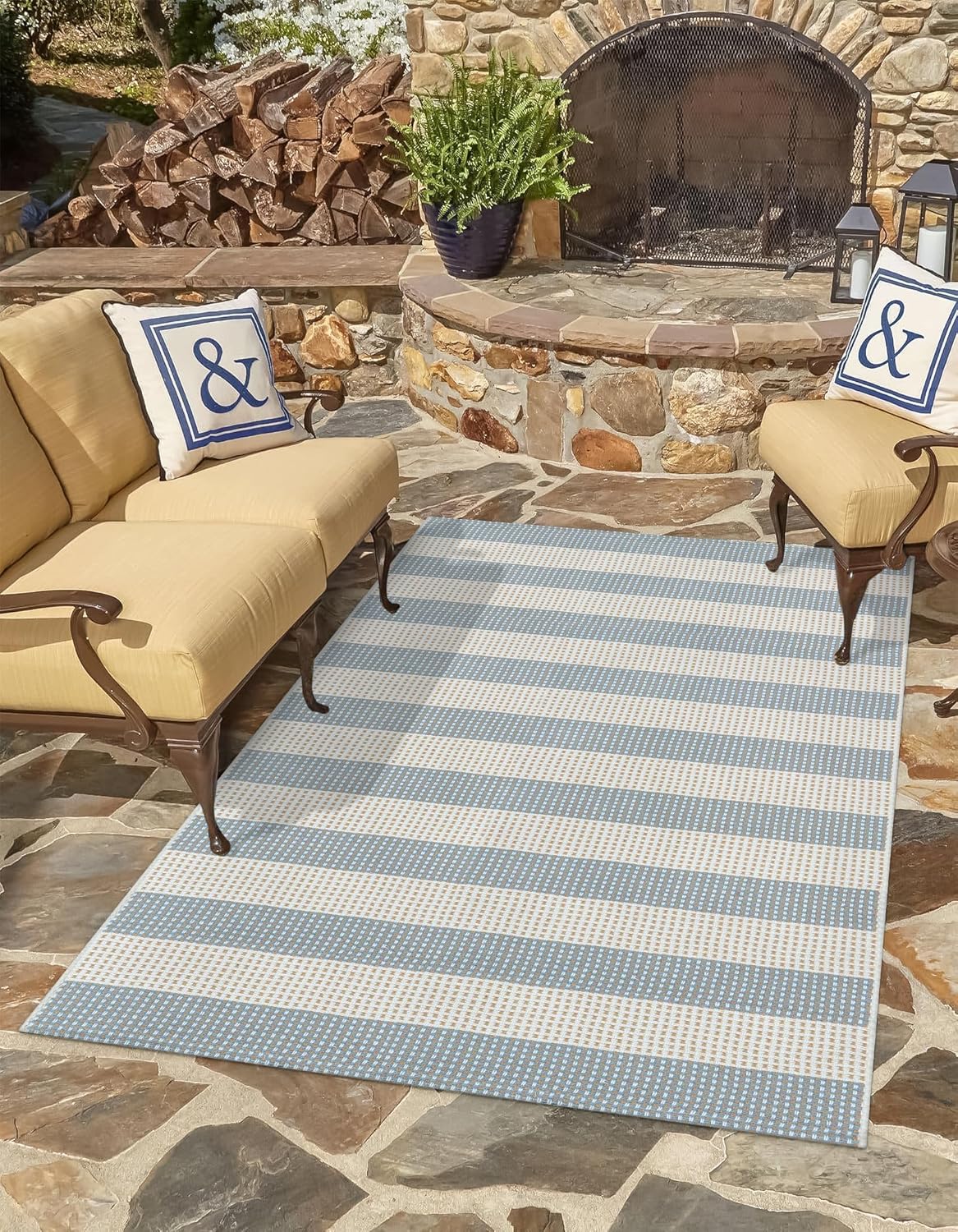 LEEVAN Outdoor Patio Rug 3x5, Washable Striped Front Porch Mat, Spring Colorful Outside Entryway Rug, Woven Welcome Doormat Blue and White Buffalo Backyard Layered Mat for Entrance/Go Away/Deck