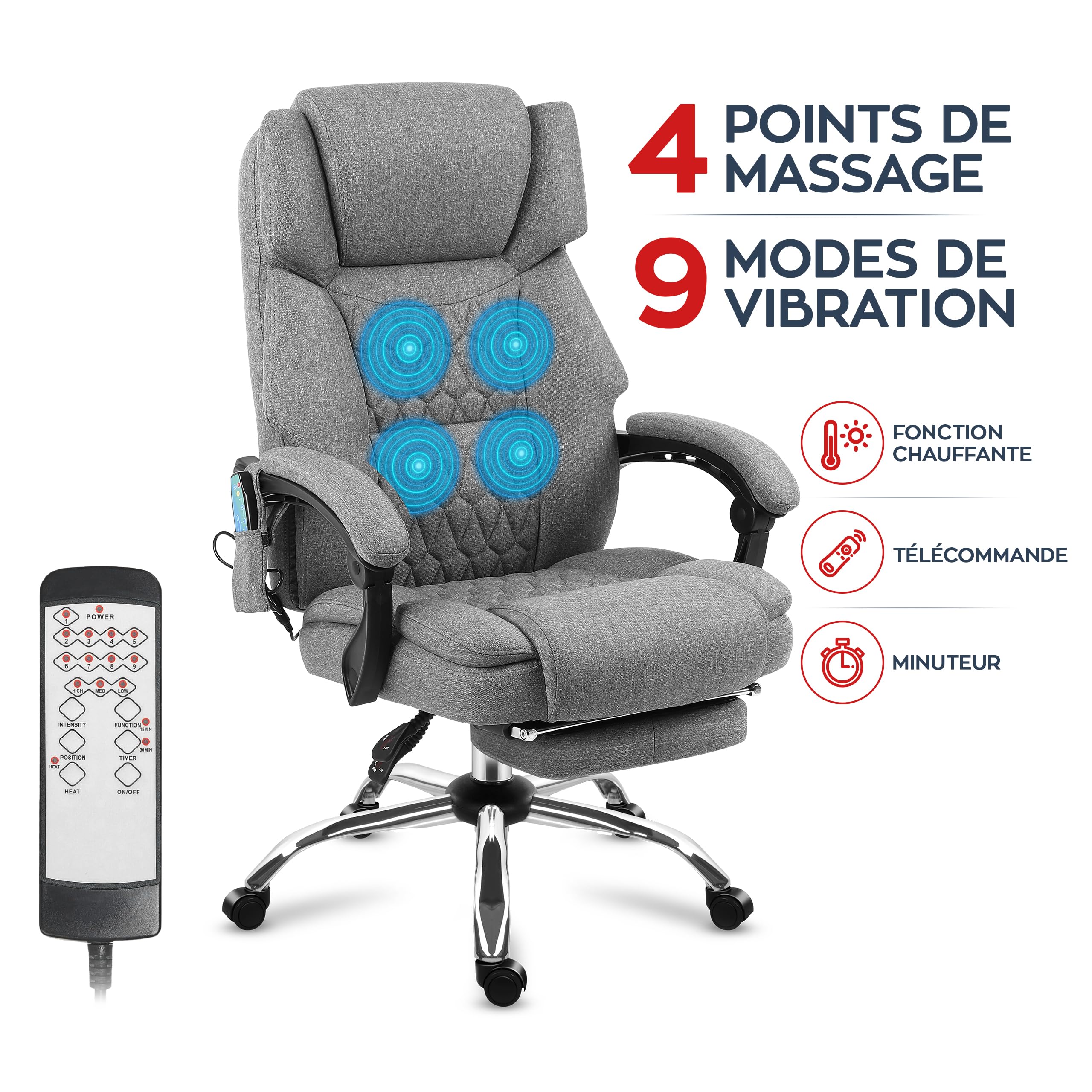 MARK ADLER Boss 6.0 Ergonomischer Chefsessel mit Massagefunktion, Bürostuhl | Massagesessel - 4 Punkt Vibrations - Fußstütze - Wärmefunktion - Drehbar - Kopfunterstützung - Kunstleder - Grau