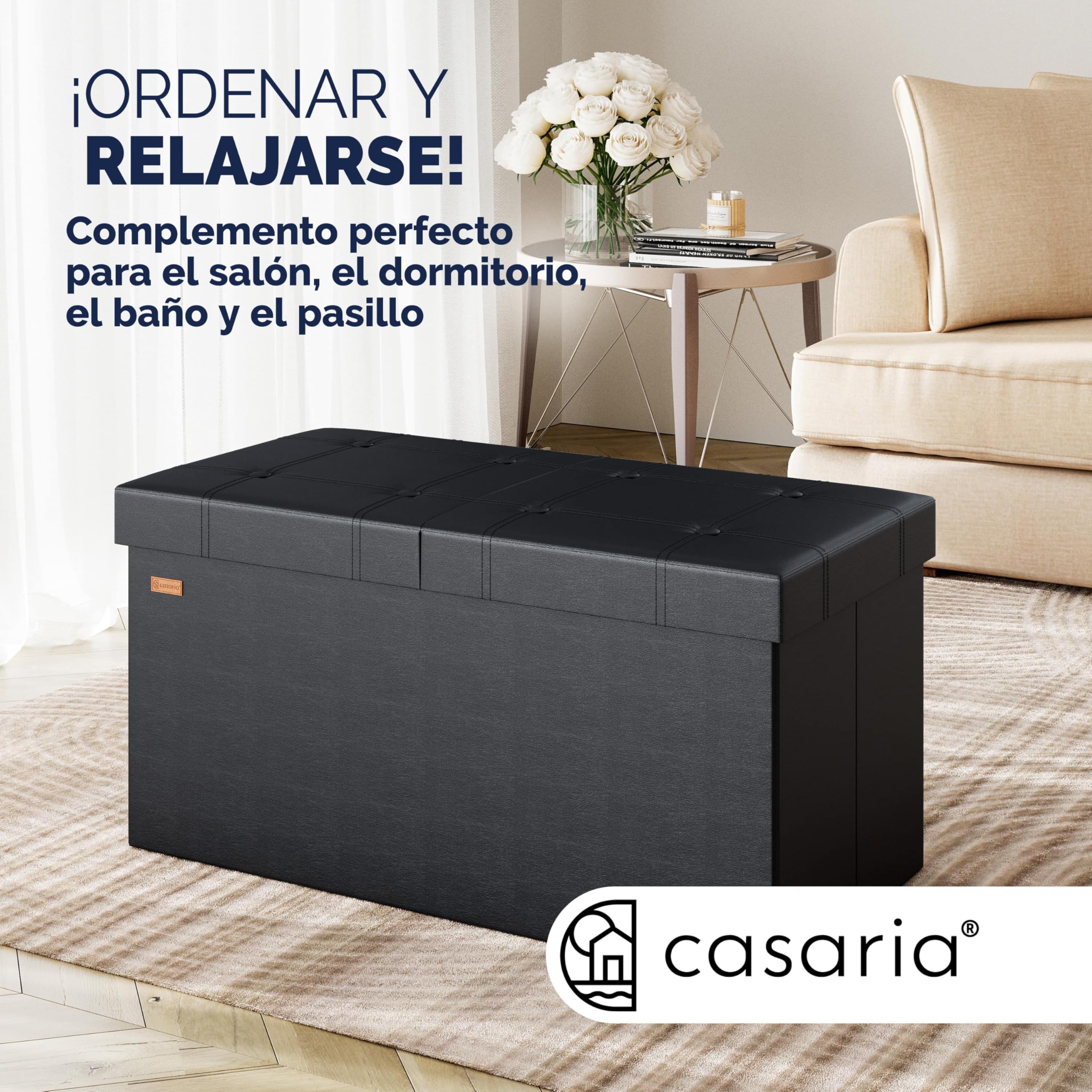 CASARIA® Banco Almacenaje Baúl Capacidad 100L Carga hasta 300kg Resistente 80x40x40cm Puff Otomana Plegable Tapizado Acolchado Salón Dormitorio Entrada Negro