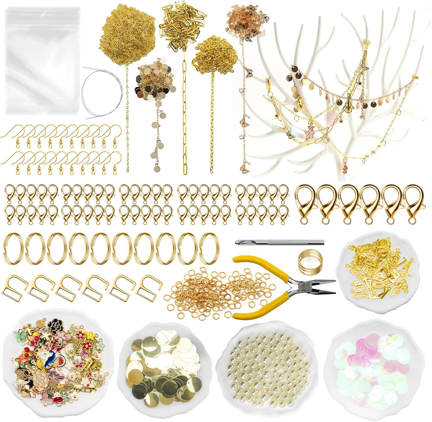 1014pcs Chains Jewelry Making Kit, DIY Keychain Earrings Bracelet Necklace Waist/Head/Thigh/foot/Shoes Chains Cup Charm,All in One Kit Contains Metal Chains Pendants Clasps Self-seal Bags for Gift