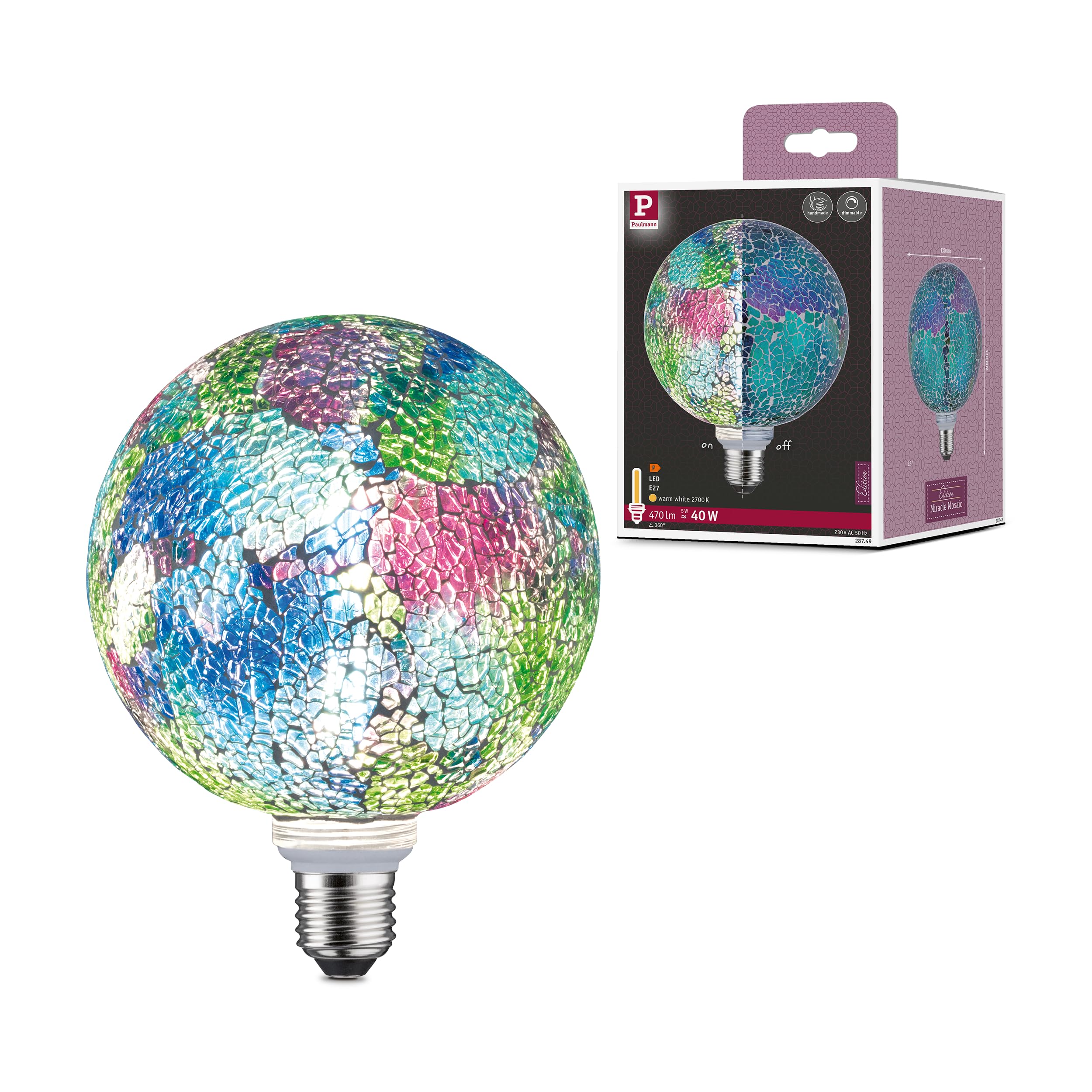 Paulmann 28749 LED lamp Miracle Mosaic G125 Globe 5 watts dimmable lamp Multicolour efficient Light Warm White 2700 K E27