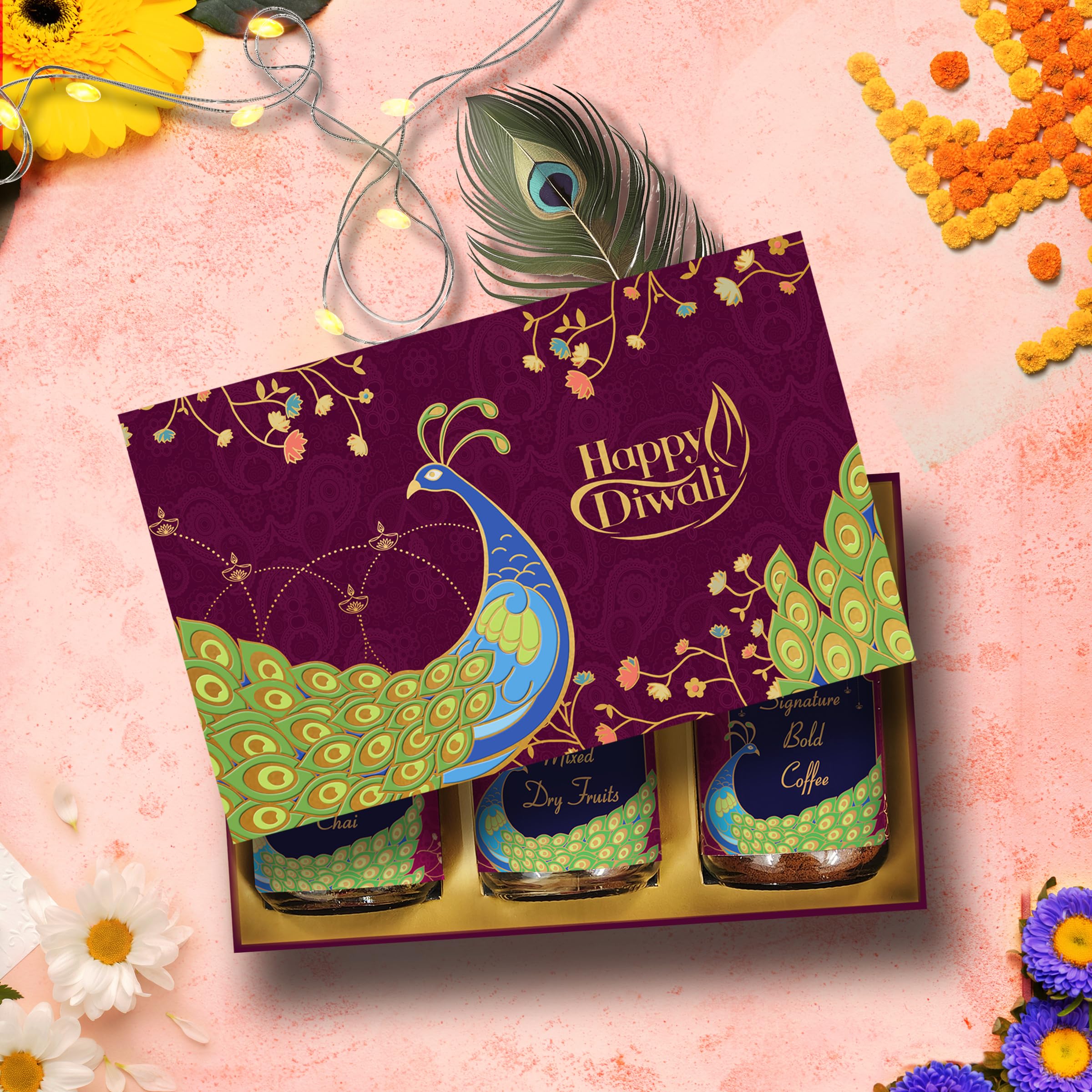 Tearaja Happy Diwali Peacock Printed Assorted 3 in 1 Tea, Coffee & Dry Fruit Gift Hamper Box Set Of 3. Kashmiri Kahwa Chai, Royal Mixed Dry Fruits, Signature Bold Coffee.-image-36