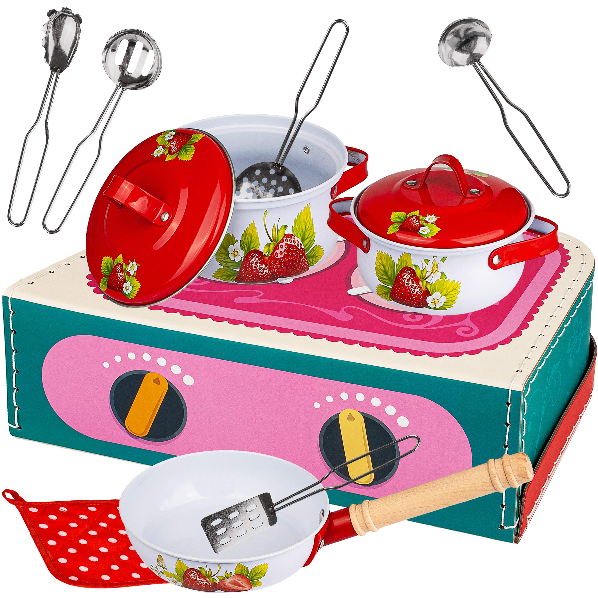 alles-meine.de GmbH 12 TLG. großes Set Koffer - Kochset & Topfset - Puppengeschirr/Kochtopfset - Erdbeere & Kochplatte - aus Metall/Emaille - echte Blech Töpfe/Panne + Kü..