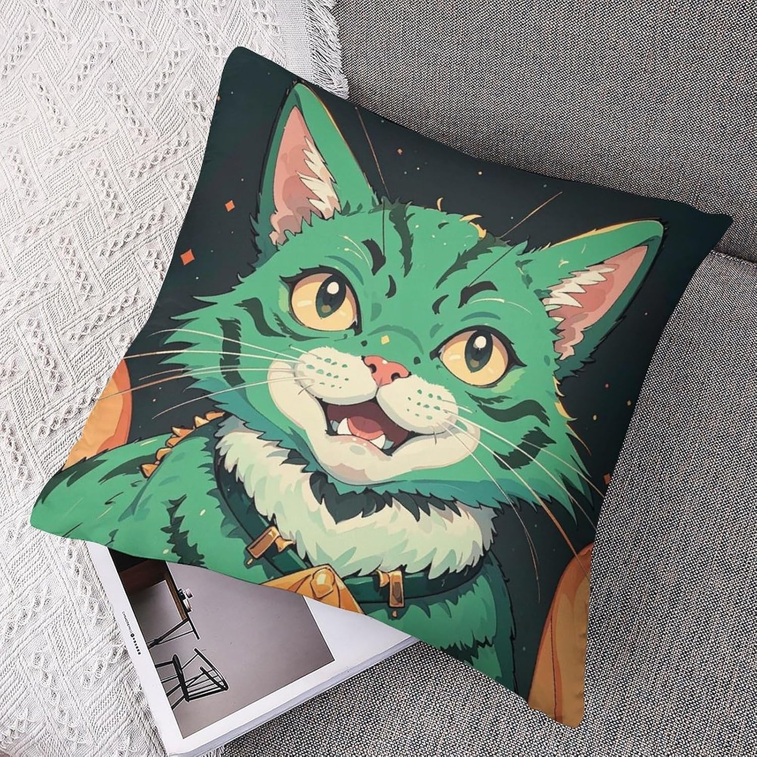 Throw Pillow Covers Set of 2 12"x12" Anime Green Cat Pillow Covers Decorative Square Pillowcases Soft Cozy Cushion Cases for Couch Bed Bedroom Living Room Office image 4